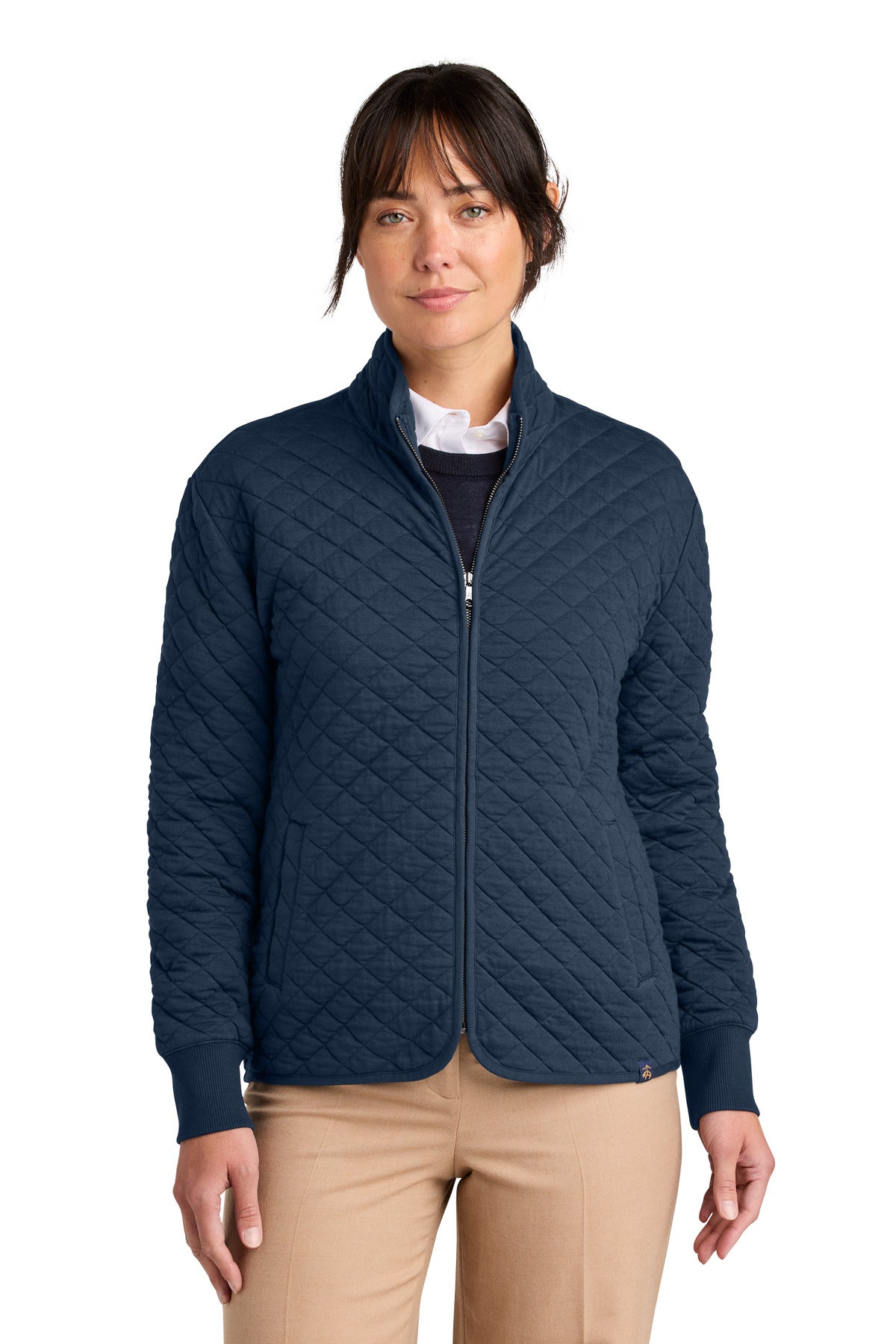 Navy Brooks Brothers Women's Diamond Quilt Full-Zip BB18213 blazer worn by a model, front view showing quilted design and full zipper.