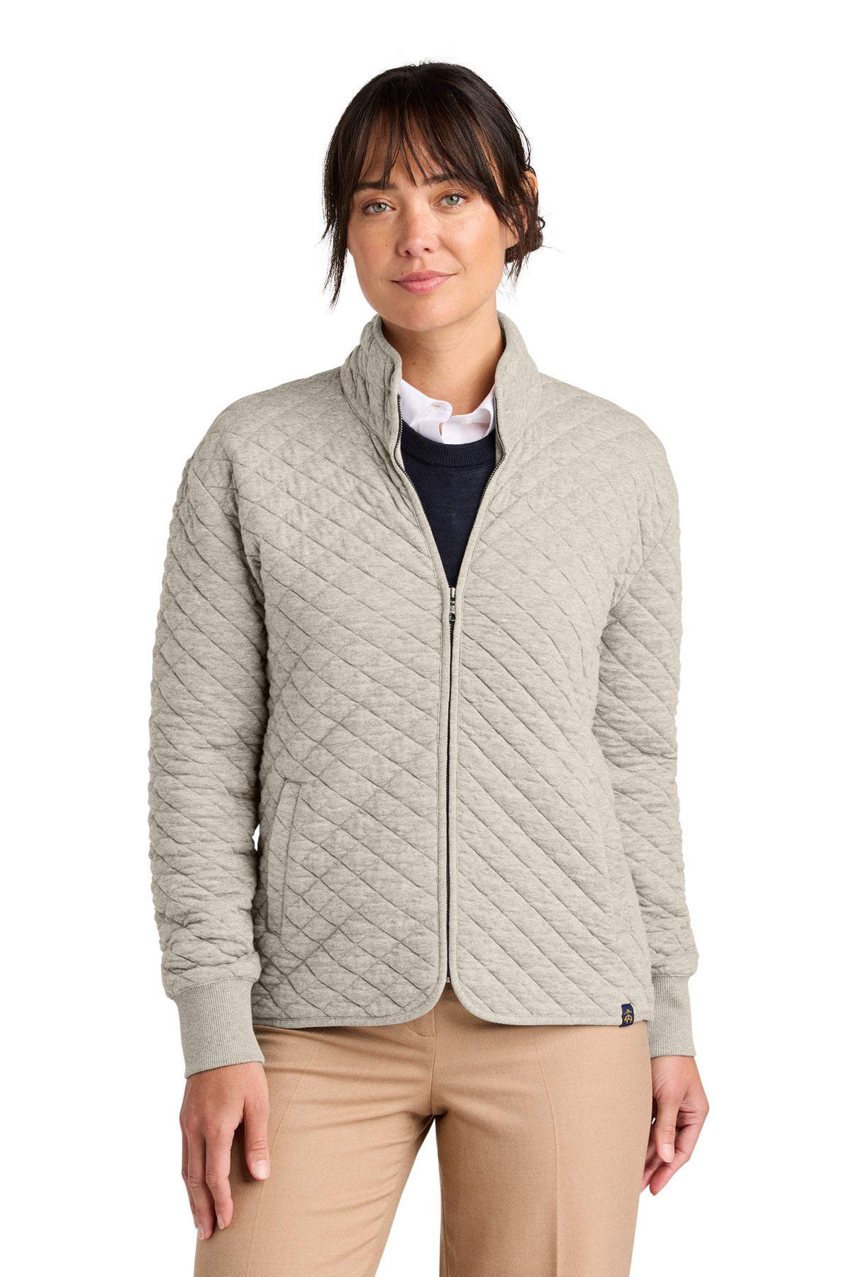 Brooks Brothers women's diamond quilt full-zip jacket in oatmeal heather, front view showing quilted design and full-zip closure.