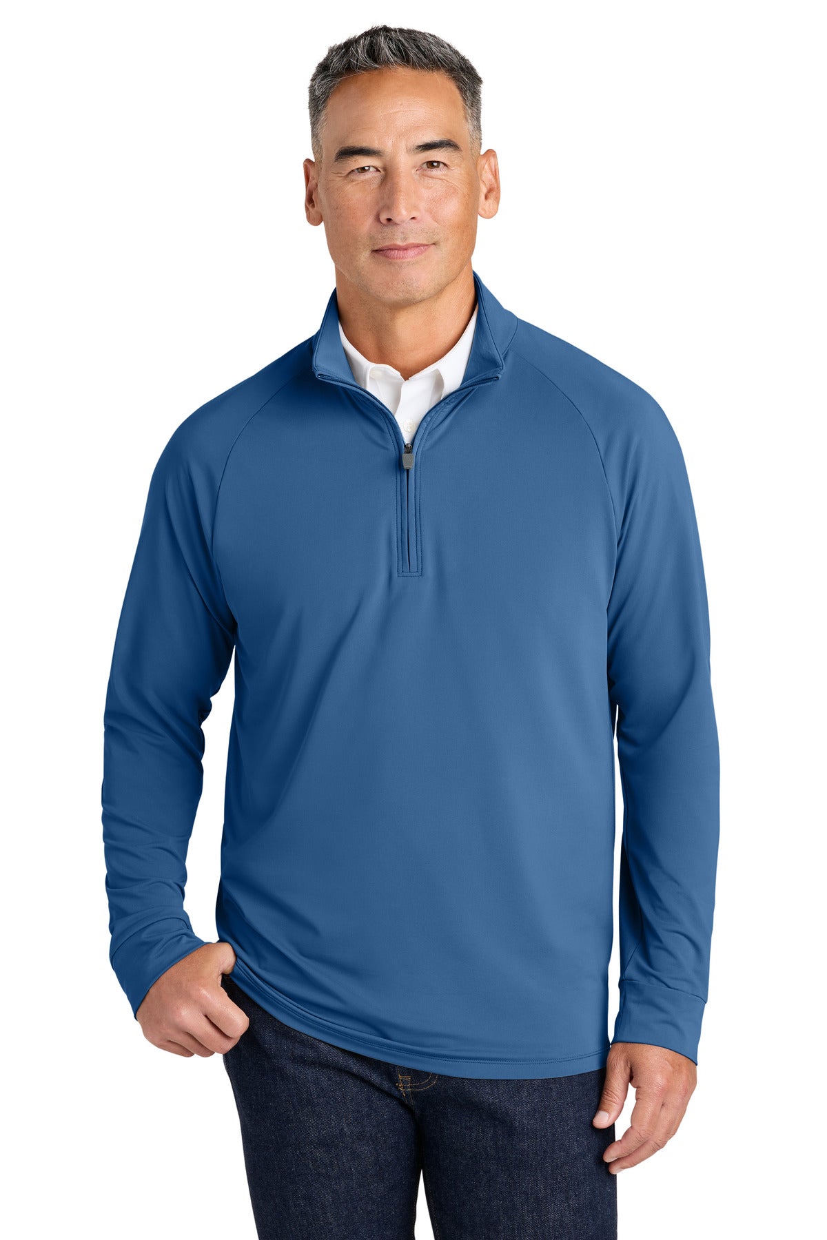 Brooks Brothers Luxe Performance 1/4-Zip BB18214 in charter blue, front view showing the stylish men's pullover with zip collar.