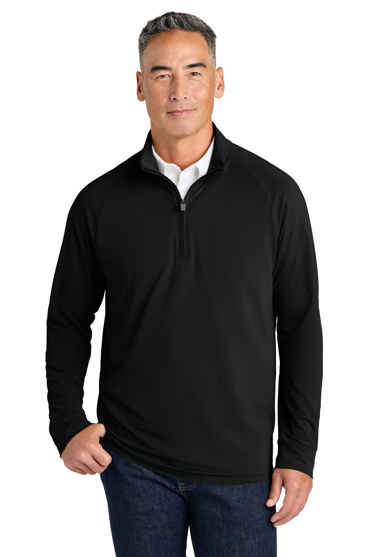 Brooks Brothers Luxe Performance 1/4-Zip BB18214 in deep black, front view of model wearing lightweight, stylish men's performance top.