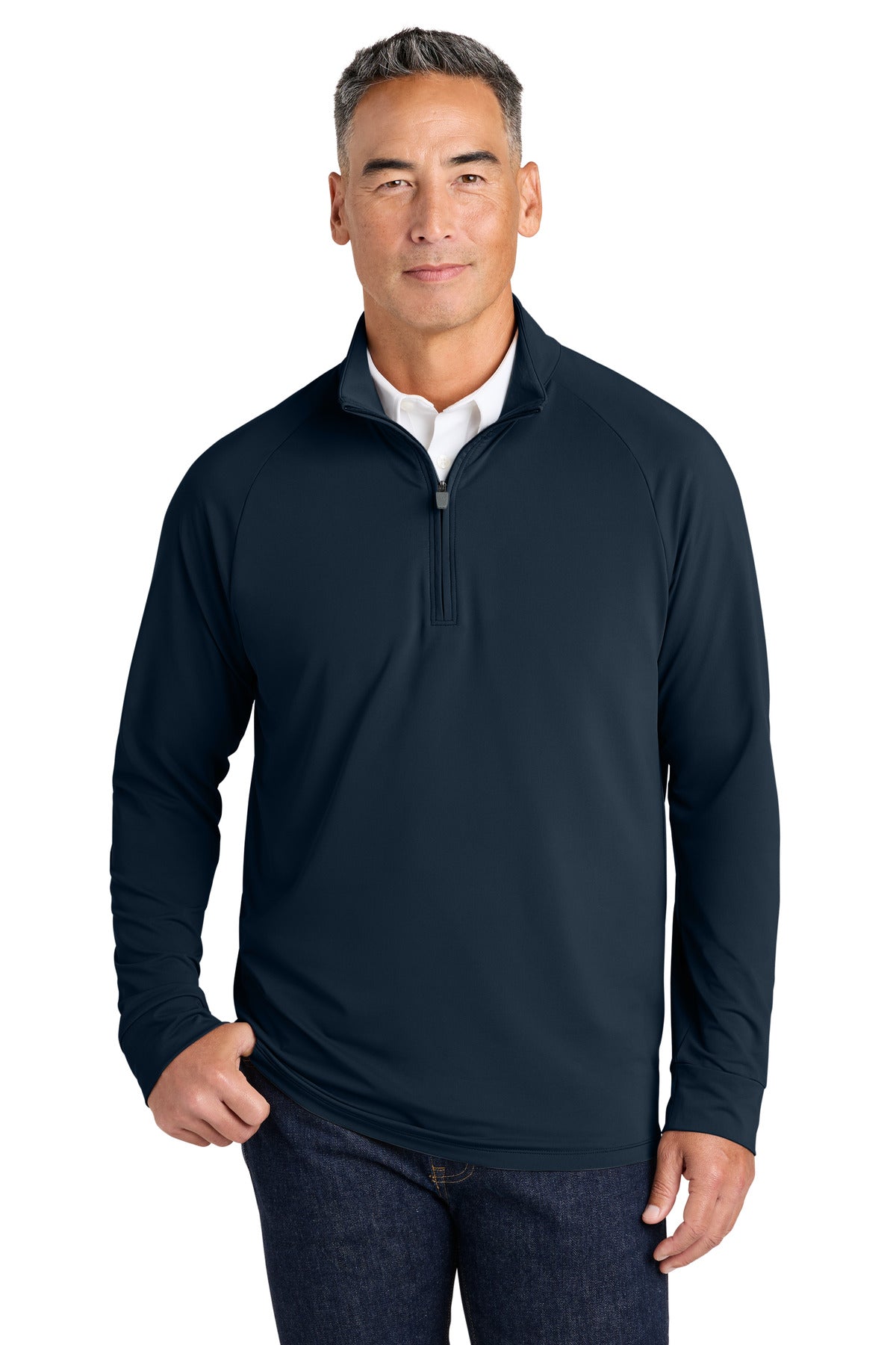Brooks Brothers Luxe Performance 1/4-Zip navy blazer worn by a model, front view showcasing the stylish design and fit.