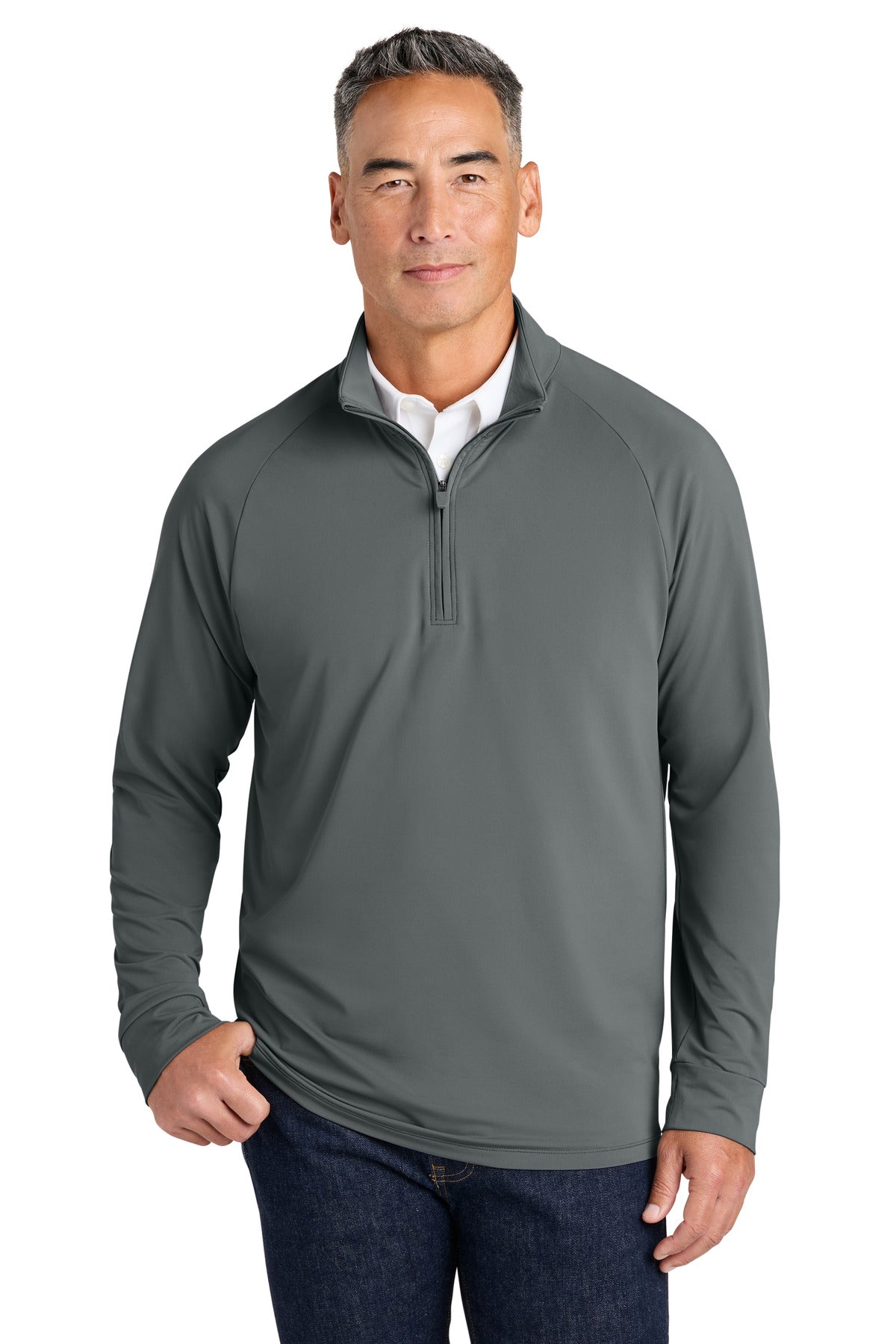 Brooks Brothers Luxe Performance 1/4-Zip BB18214 in shadow grey, front view showing the comfortable, stylish men's 1/4-zip top.