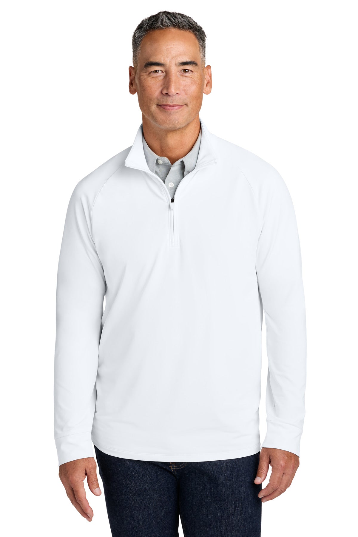 White Brooks Brothers Luxe Performance 1/4-Zip BB18214 on a model, front view showing the stylish quarter-zip design and soft fabric.