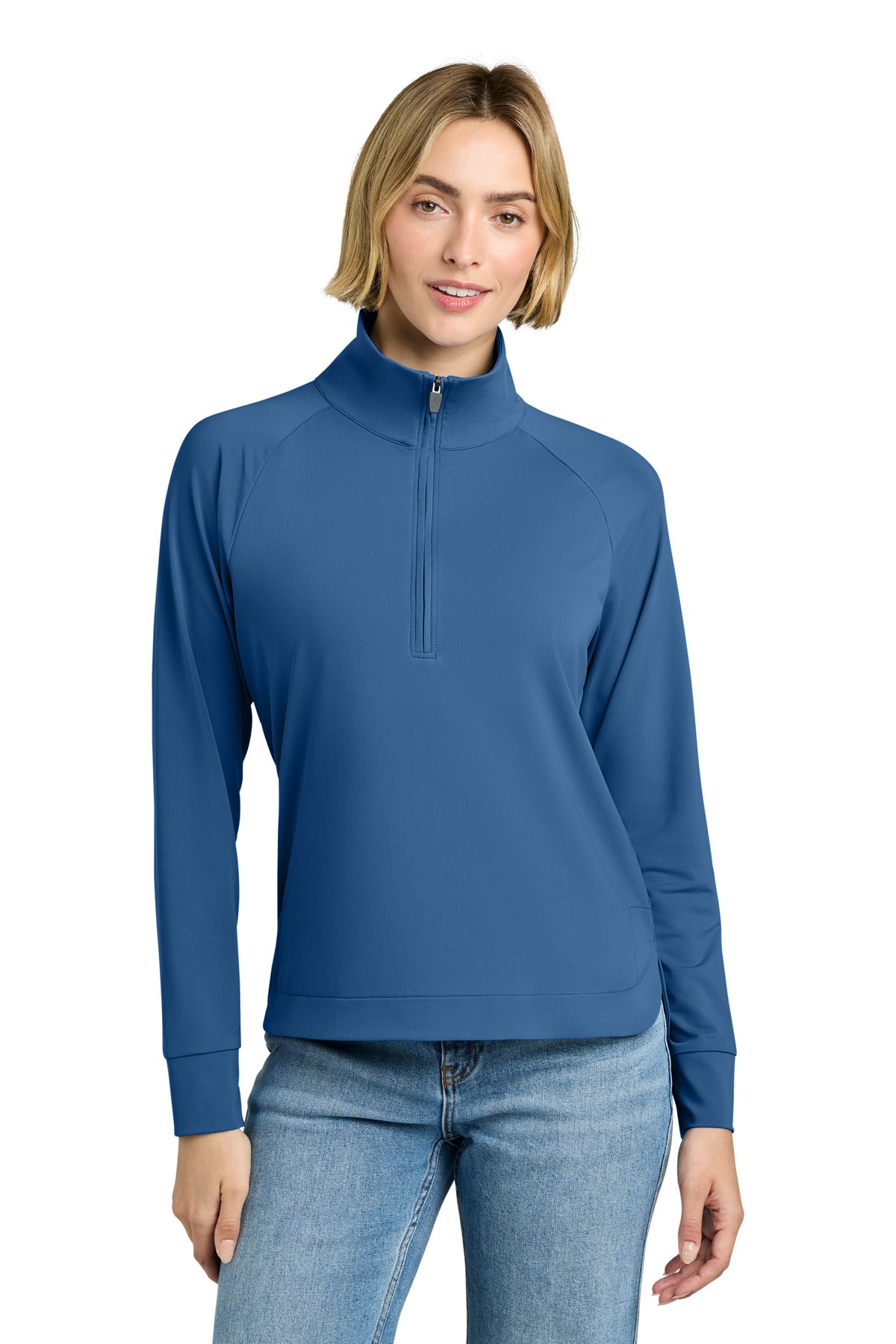 Brooks Brothers women's Luxe Performance 1/4-zip top in charter blue, front view, showcasing fitted design and soft fabric.