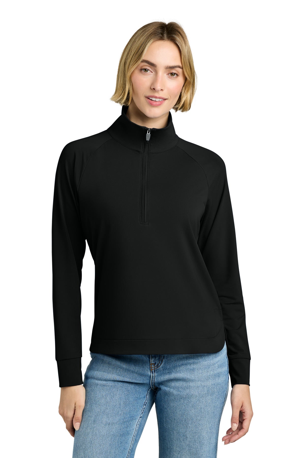 Brooks Brothers women's Luxe Performance 1/4-zip top in deep black, front view on model showcasing sleek fit and soft fabric.