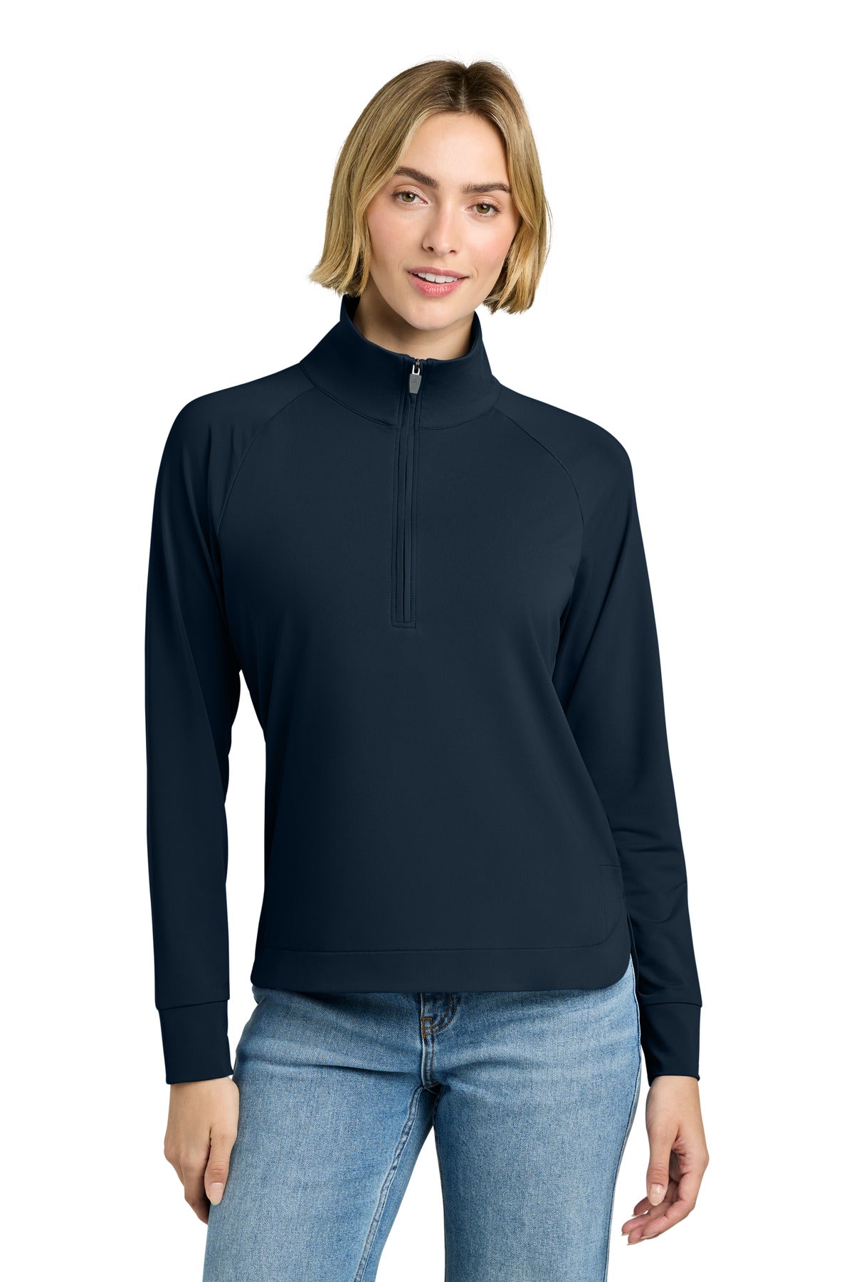 Navy Brooks Brothers Women's Luxe Performance 1/4-Zip blazer worn by a model, front view showcasing stylish design and fit.