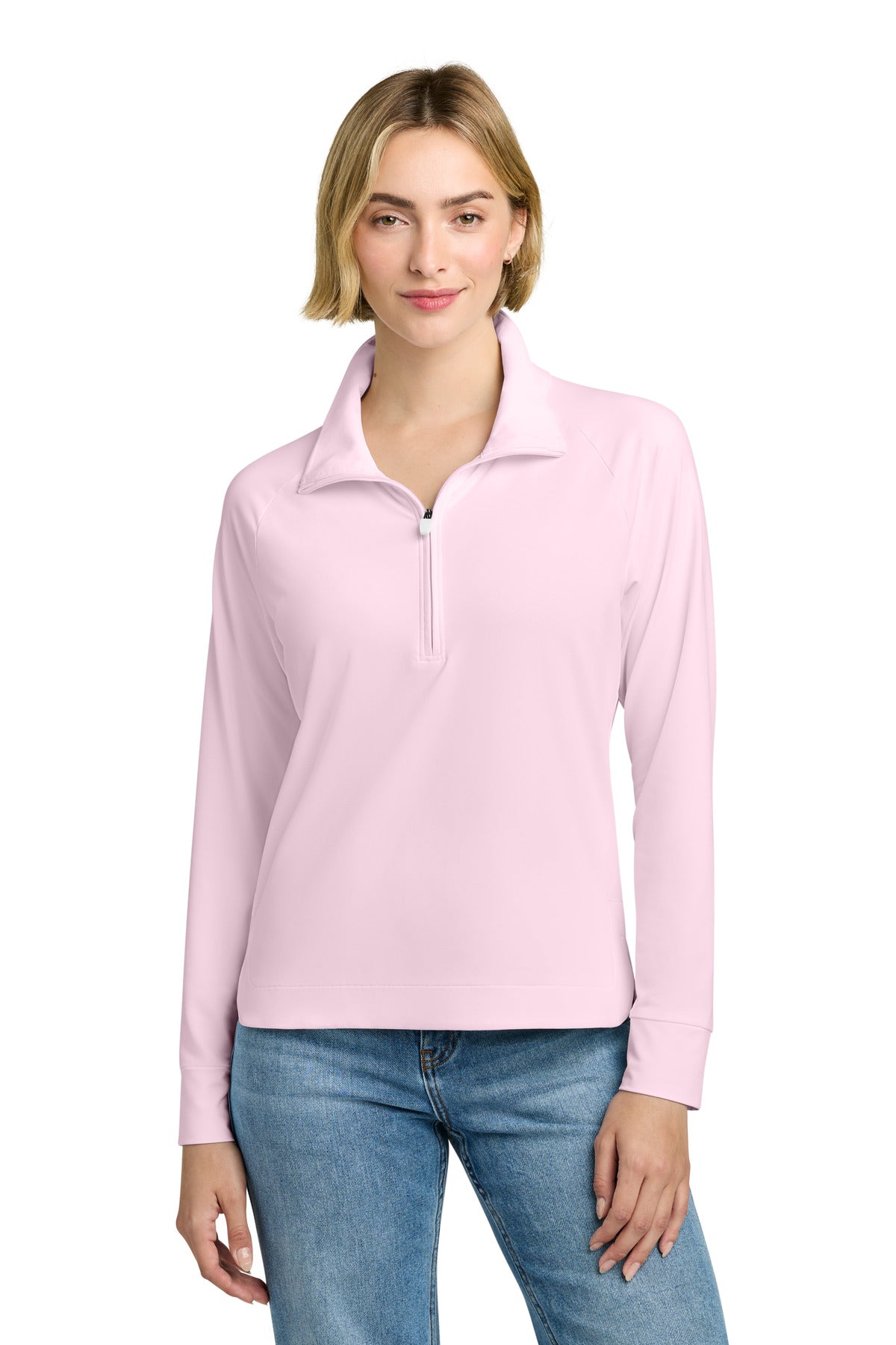 Brooks Brothers women's Luxe Performance 1/4-zip top in pearl pink, front view on model.