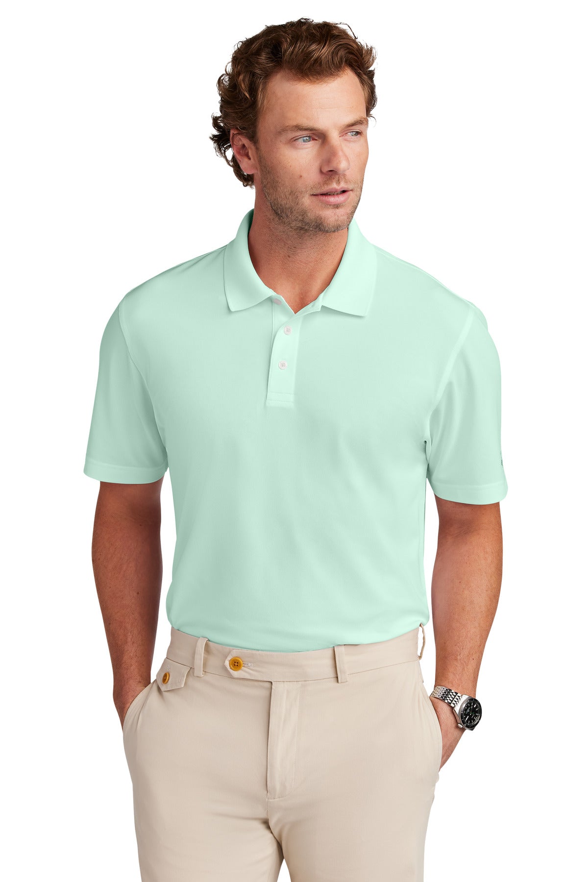 Brooks Brothers mesh pique performance polo in soft mint, front view showing breathable fabric and classic fit.