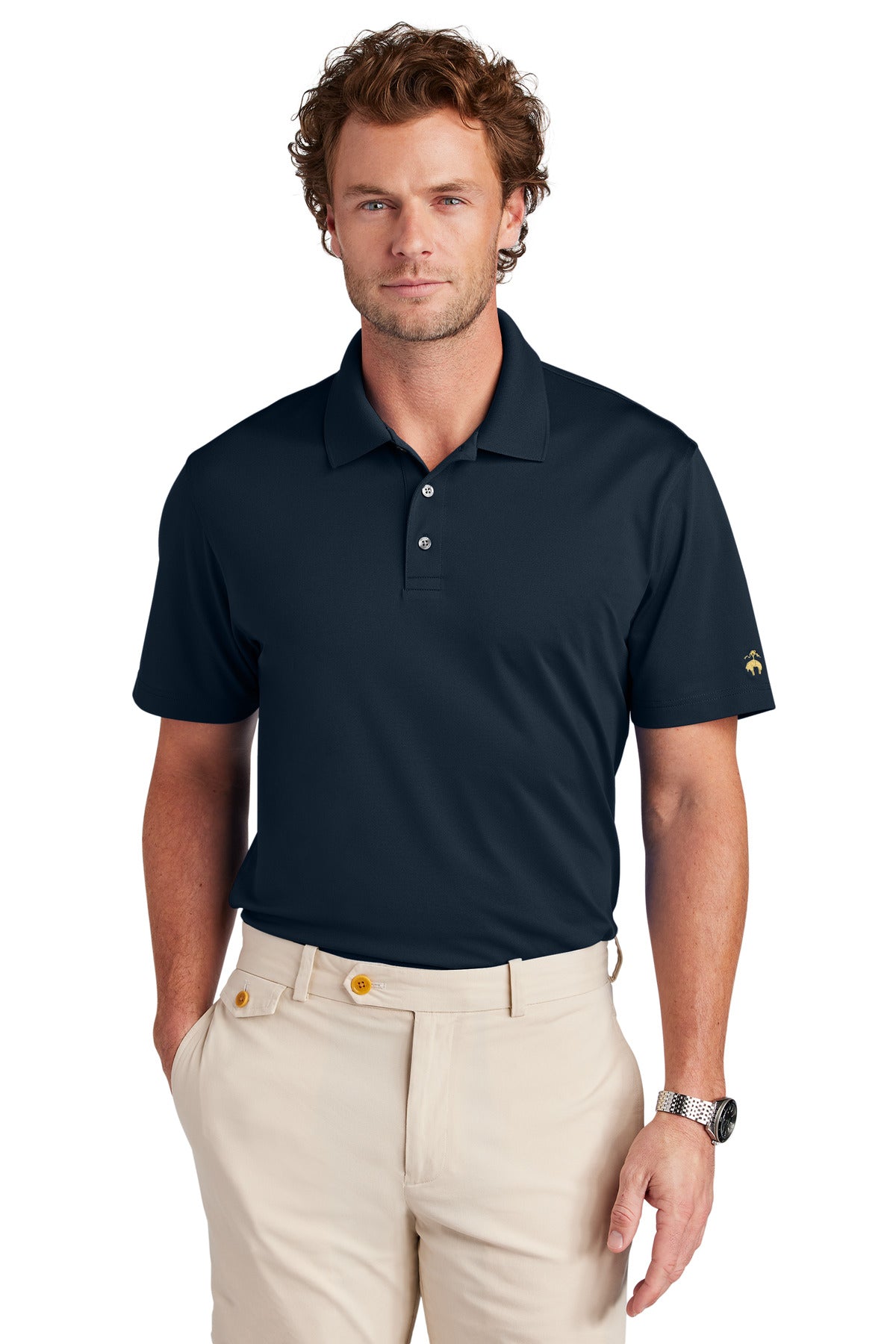 Navy Brooks Brothers Mesh Pique Performance Polo shirt worn by a model, showing front view of the BB18220 polo.