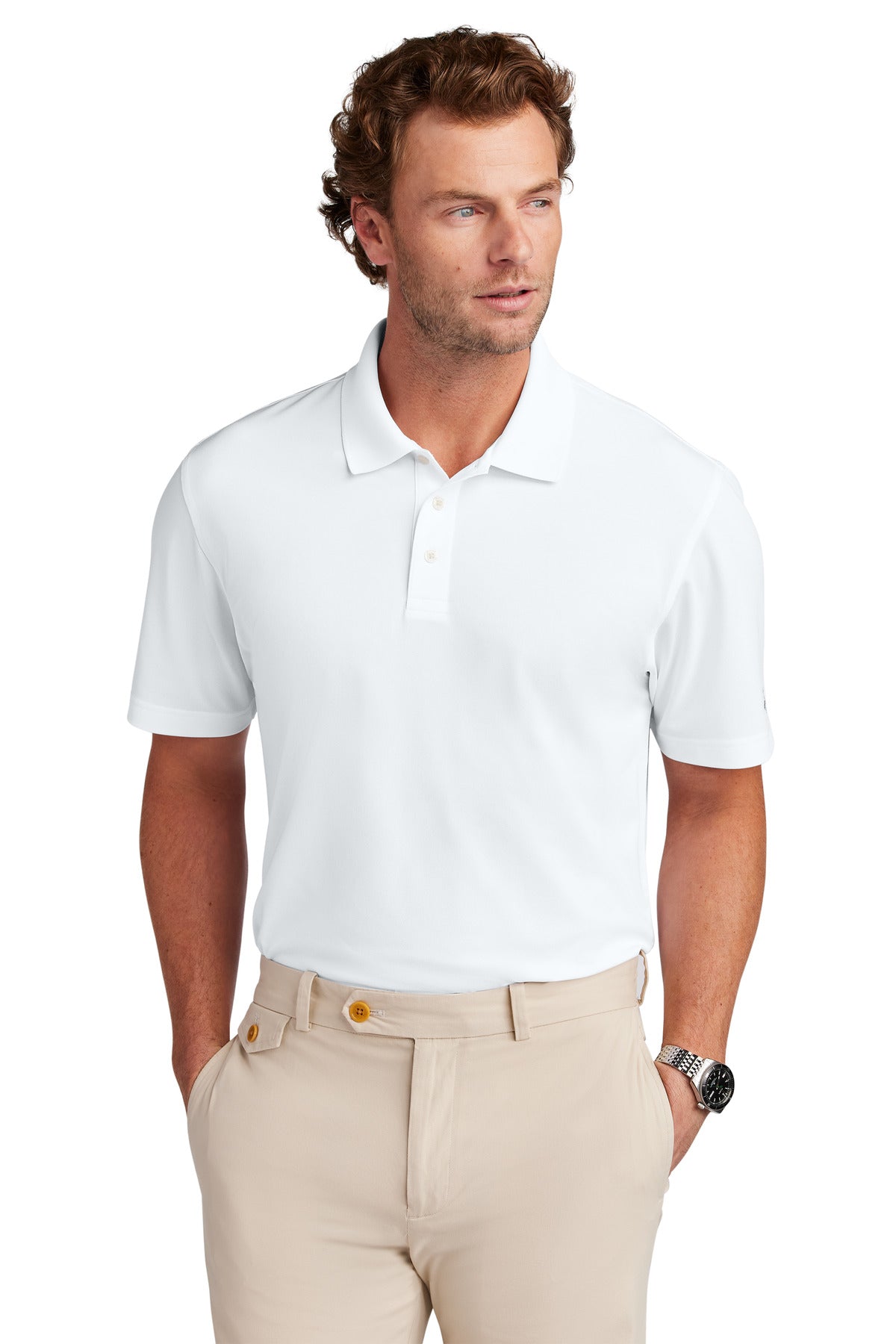 White Brooks Brothers Mesh Pique Performance Polo BB18220 worn by a model, front view showing classic fit and breathable fabric.