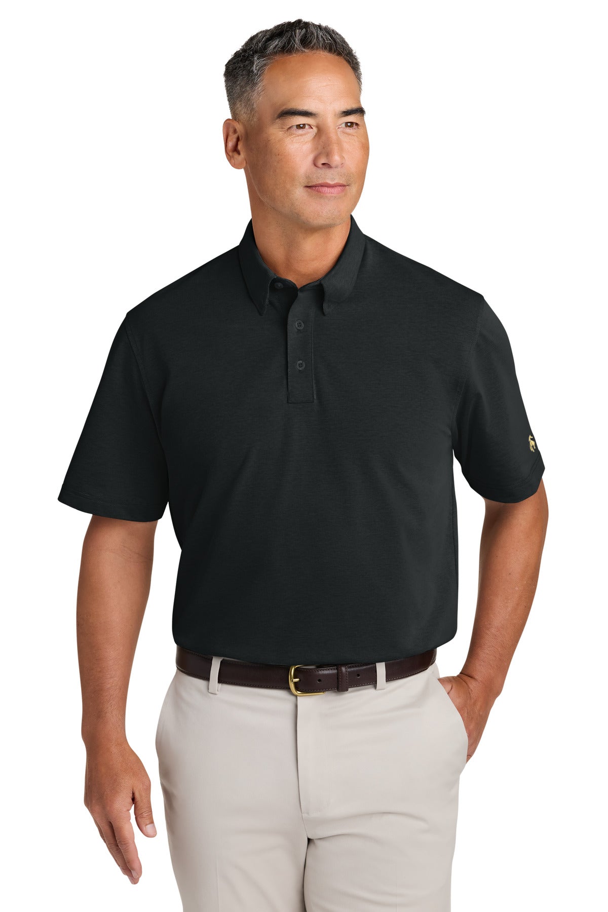 Brooks Brothers Pinpoint Pique Dress Polo in deep black, front view showing classic collar and short sleeves.