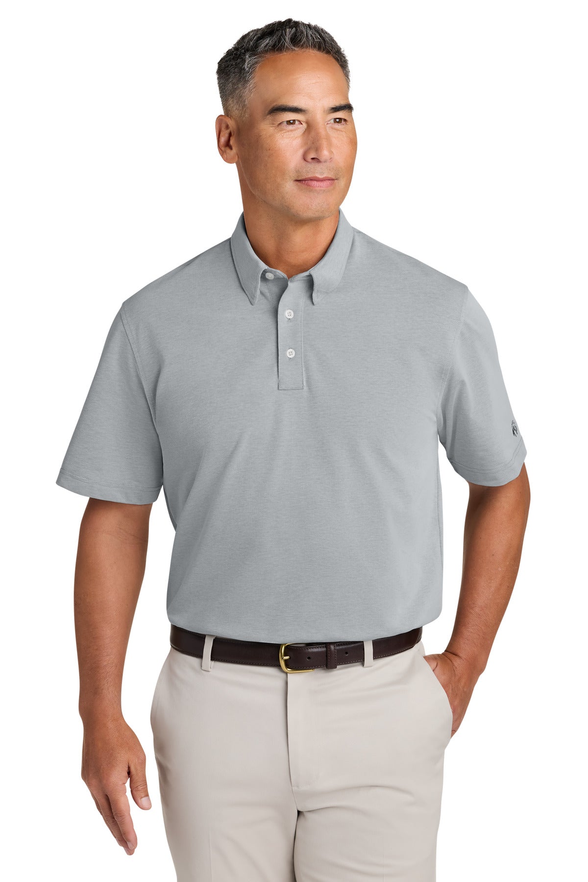 Gray Brooks Brothers pinpoint pique dress polo shirt with a classic fit, shown from the front.