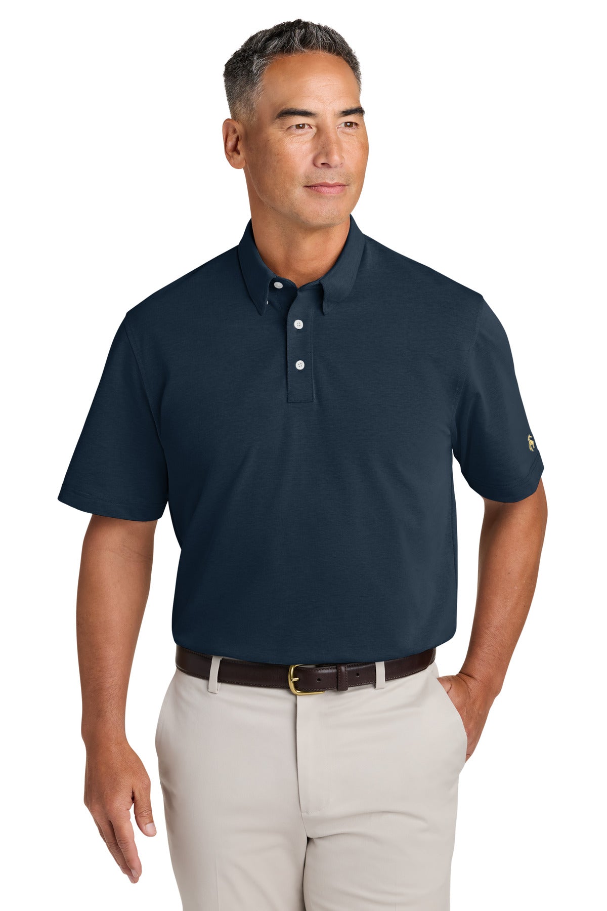 Brooks Brothers navy Pinpoint Pique Dress Polo BB18222 worn by a model, front view showing collar and polo design.