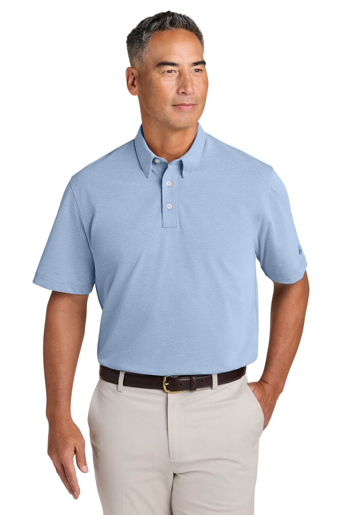 Brooks Brothers Pinpoint Pique Dress Polo in Newport Blue, front view showing classic collar and clean design.