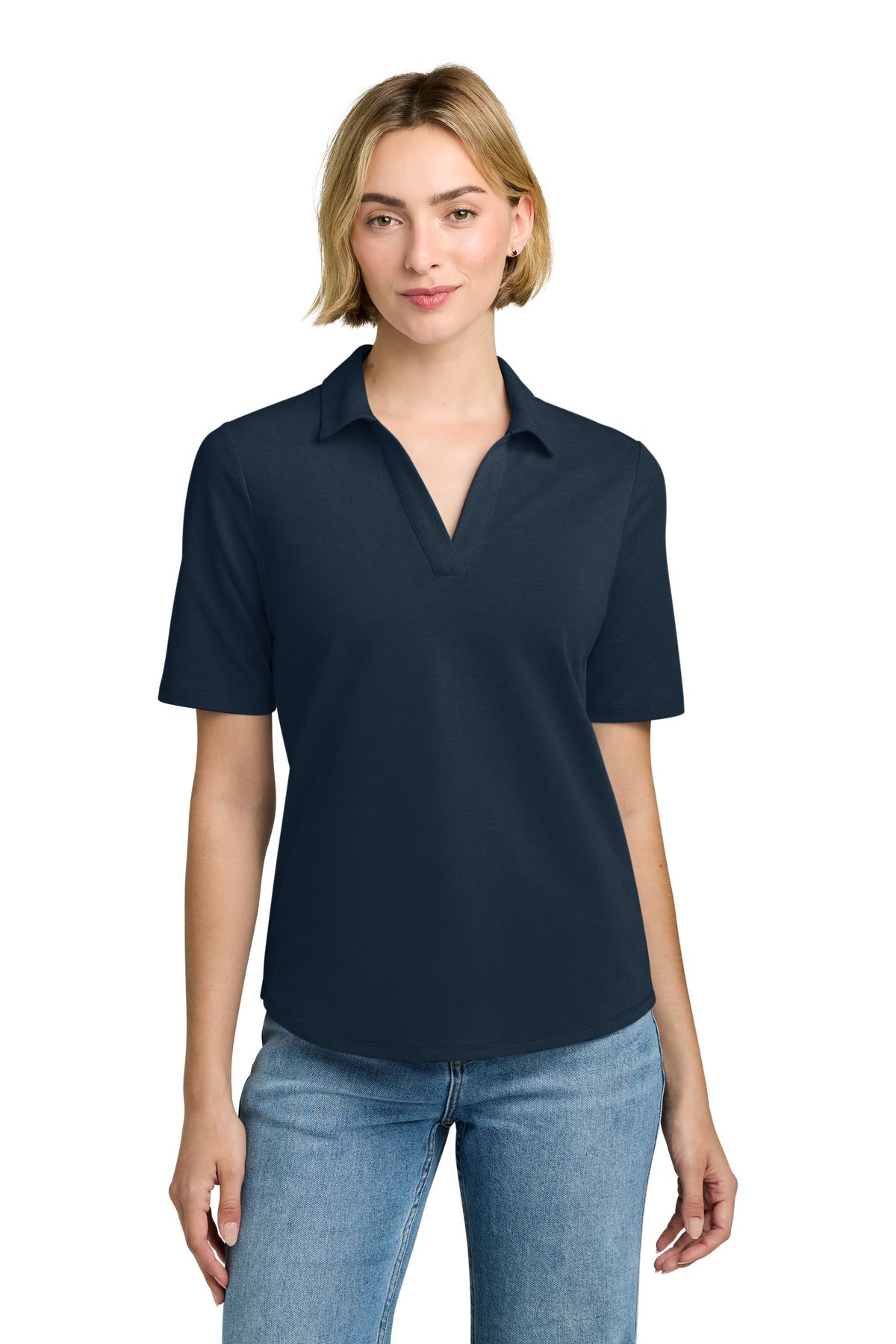 Navy Brooks Brothers women's Pinpoint Pique Polo BB18223 displayed on a model, front view showing classic collar and button placket.