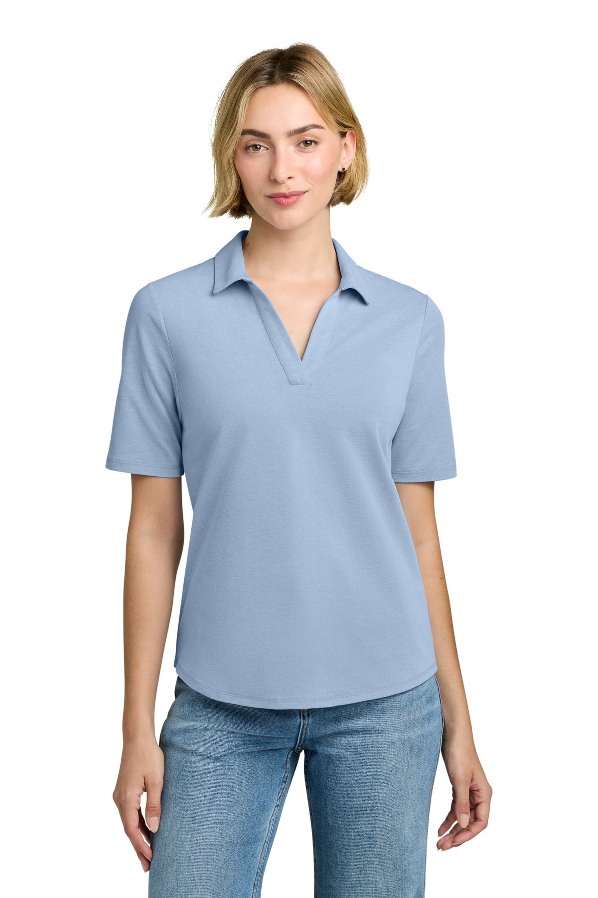 Brooks Brothers women's Pinpoint Pique Polo in Newport Blue, front view showing classic polo collar and short sleeves.