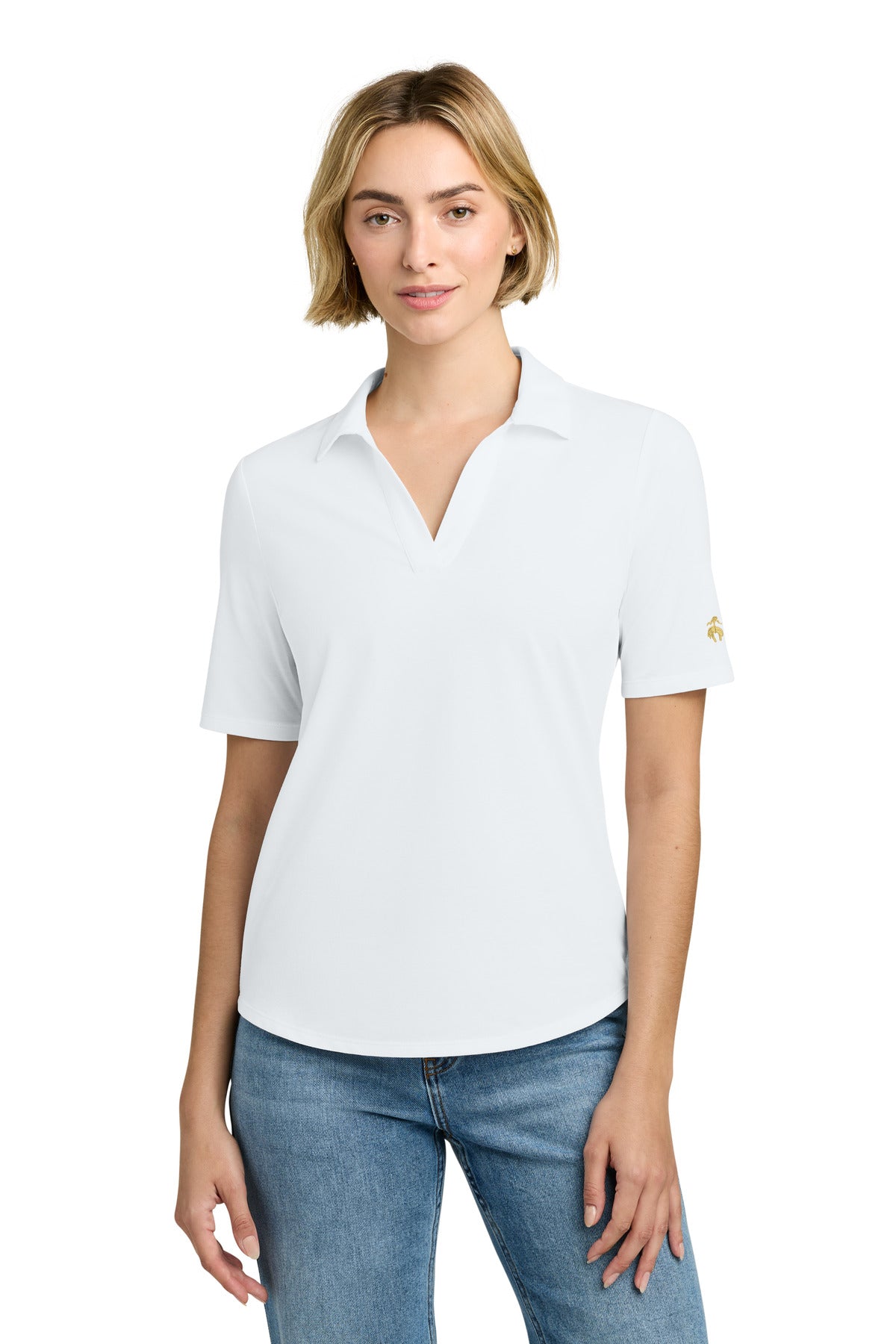 White women's Brooks Brothers Pinpoint Pique Polo shirt, front view on model, BB18223, showcasing classic fit and textured fabric.