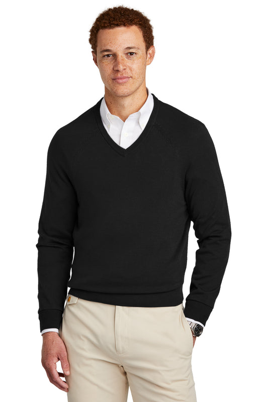 Brooks Brothers cotton stretch V-neck sweater in deep black, front view showing fitted knit fabric and classic style.