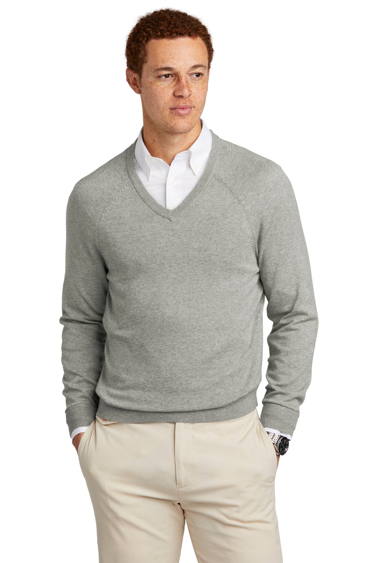 Light shadow grey heather Brooks Brothers cotton stretch V-neck sweater, front view on model, showcasing classic fit and soft fabric.