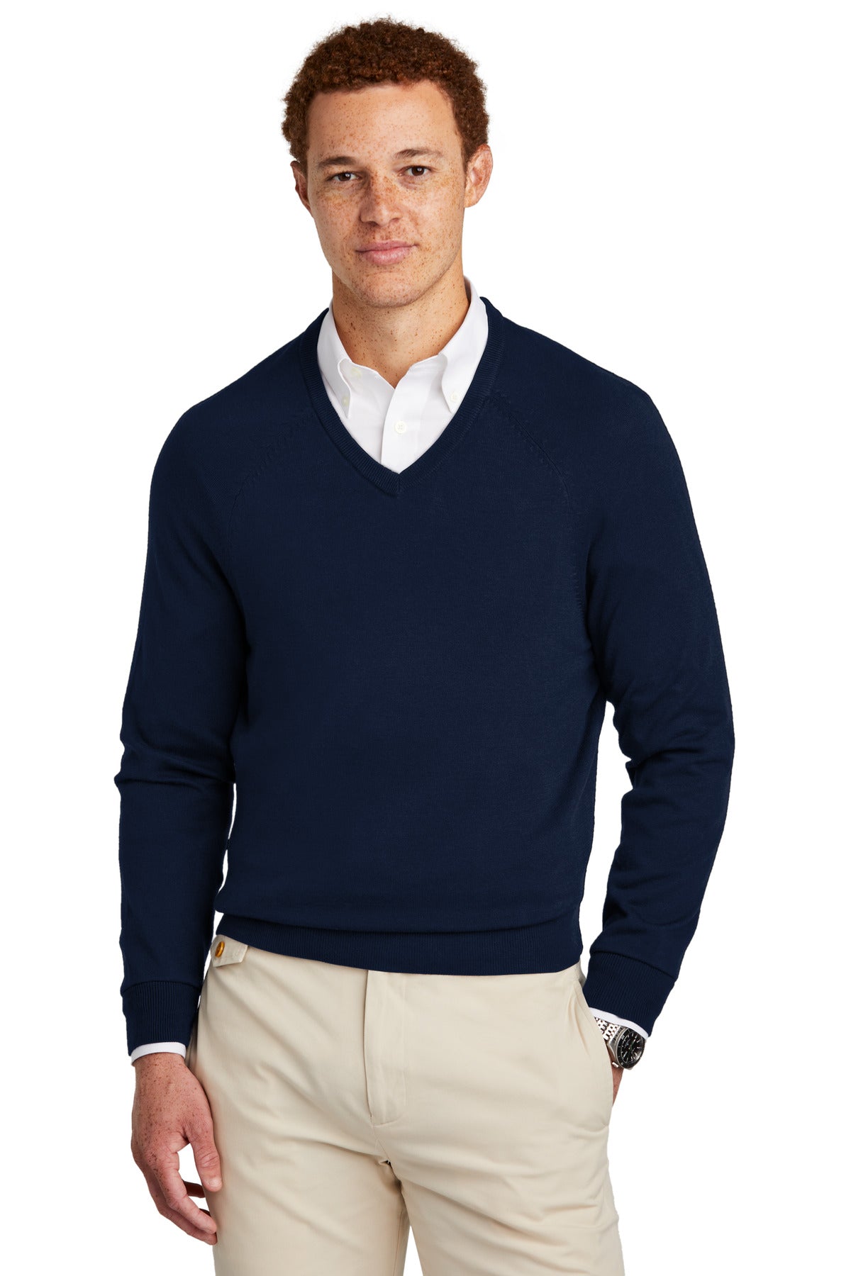 Navy Brooks Brothers cotton stretch V-neck sweater, front view showing fit and classic design.