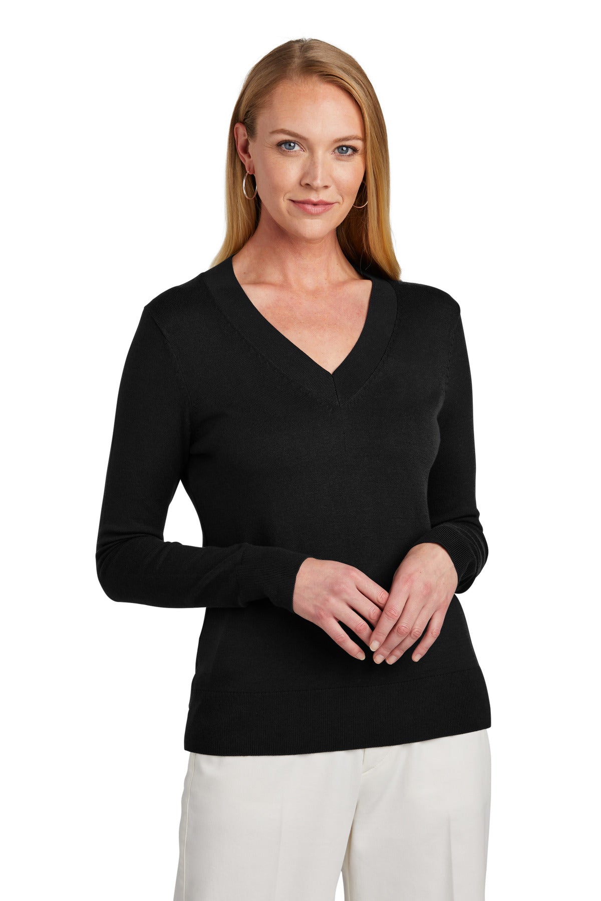 Brooks Brothers women's cotton stretch V-neck sweater in deep black, front view showcasing fitted design and soft fabric.