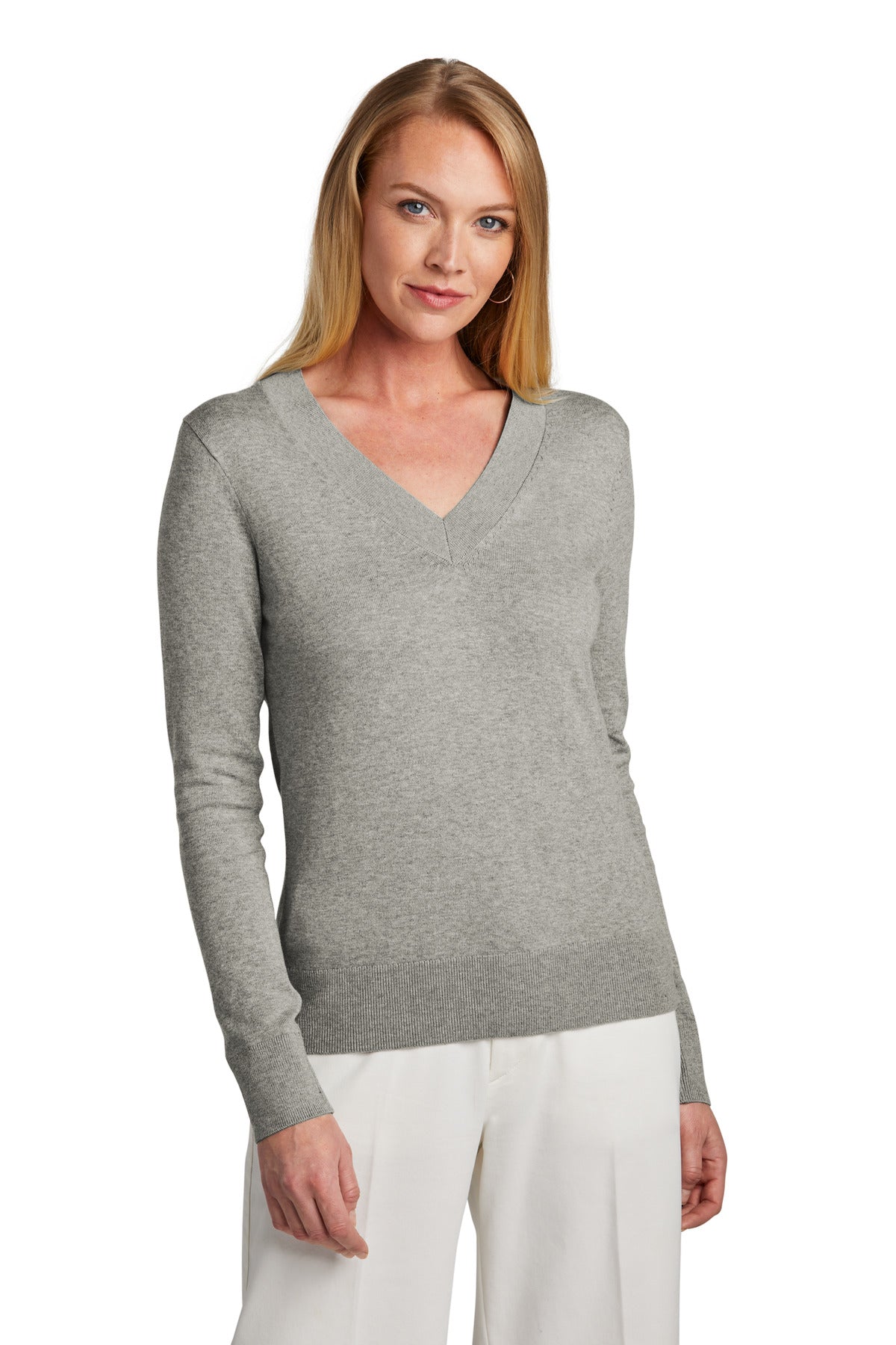 Light grey Heather Brooks Brothers women's cotton stretch V-neck sweater worn by a model, front view showing fit and soft texture.