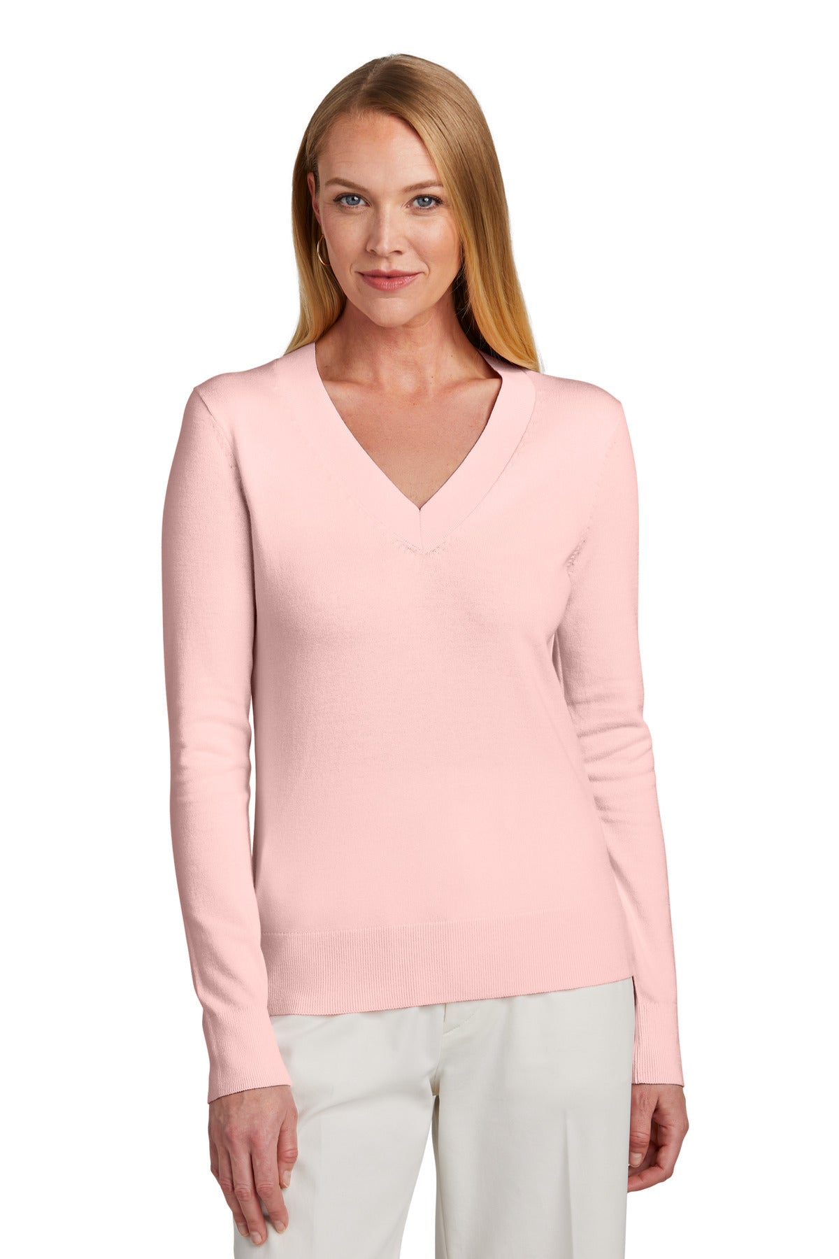 Brooks Brothers women's pearl pink cotton stretch V-neck sweater, front view showing fit and soft texture.