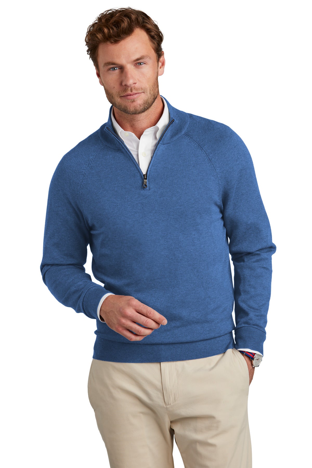 Brooks Brothers cotton stretch 1/4-zip sweater in charter blue heather, front view showing collar and zipper details.