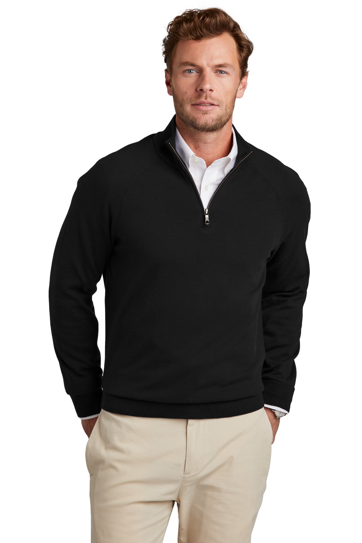 Brooks Brothers cotton stretch 1/4-zip sweater in deep black, front view showing fitted design and ribbed collar.