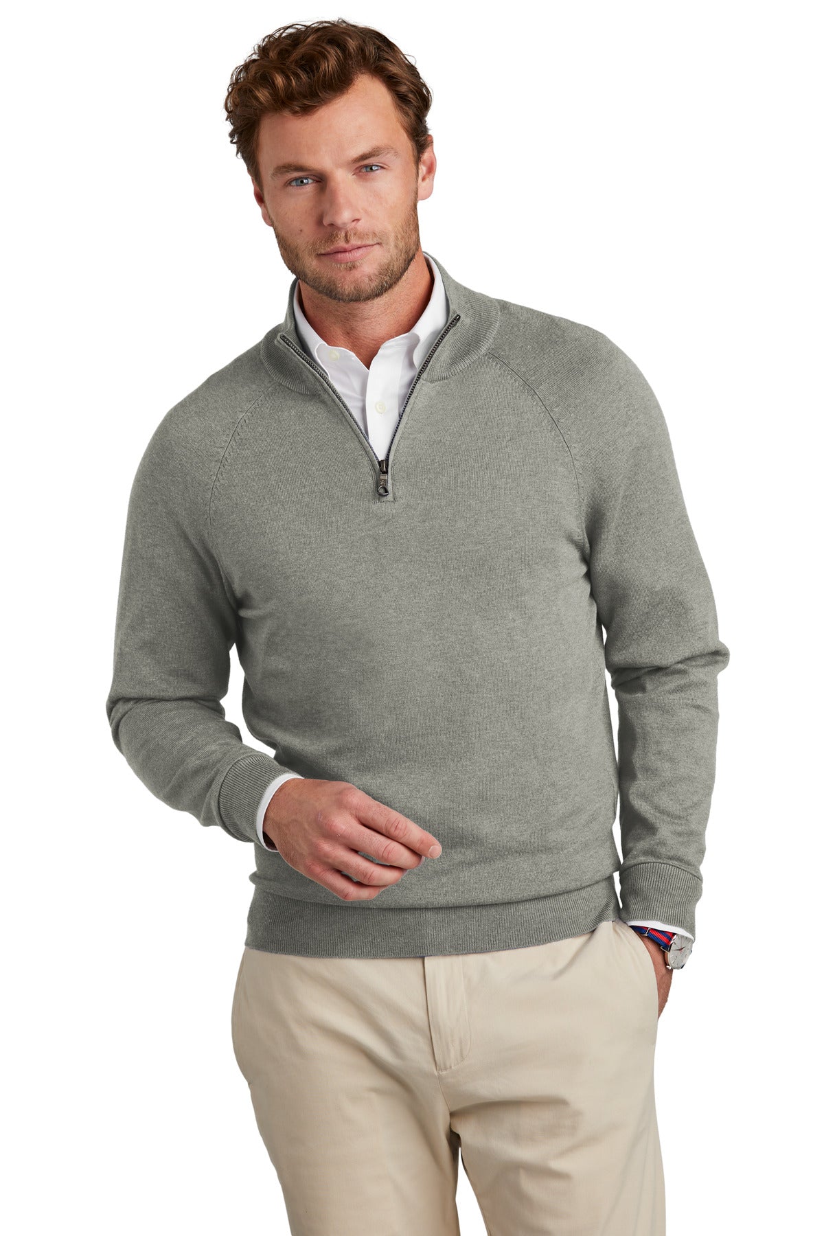 Brooks Brothers cotton stretch 1/4-zip sweater in light shadow grey heather, front view showing neckline and fabric texture.