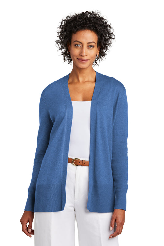 Brooks Brothers women's cotton stretch long cardigan sweater in charter blue heather, front view showing fitted style and V-neck.