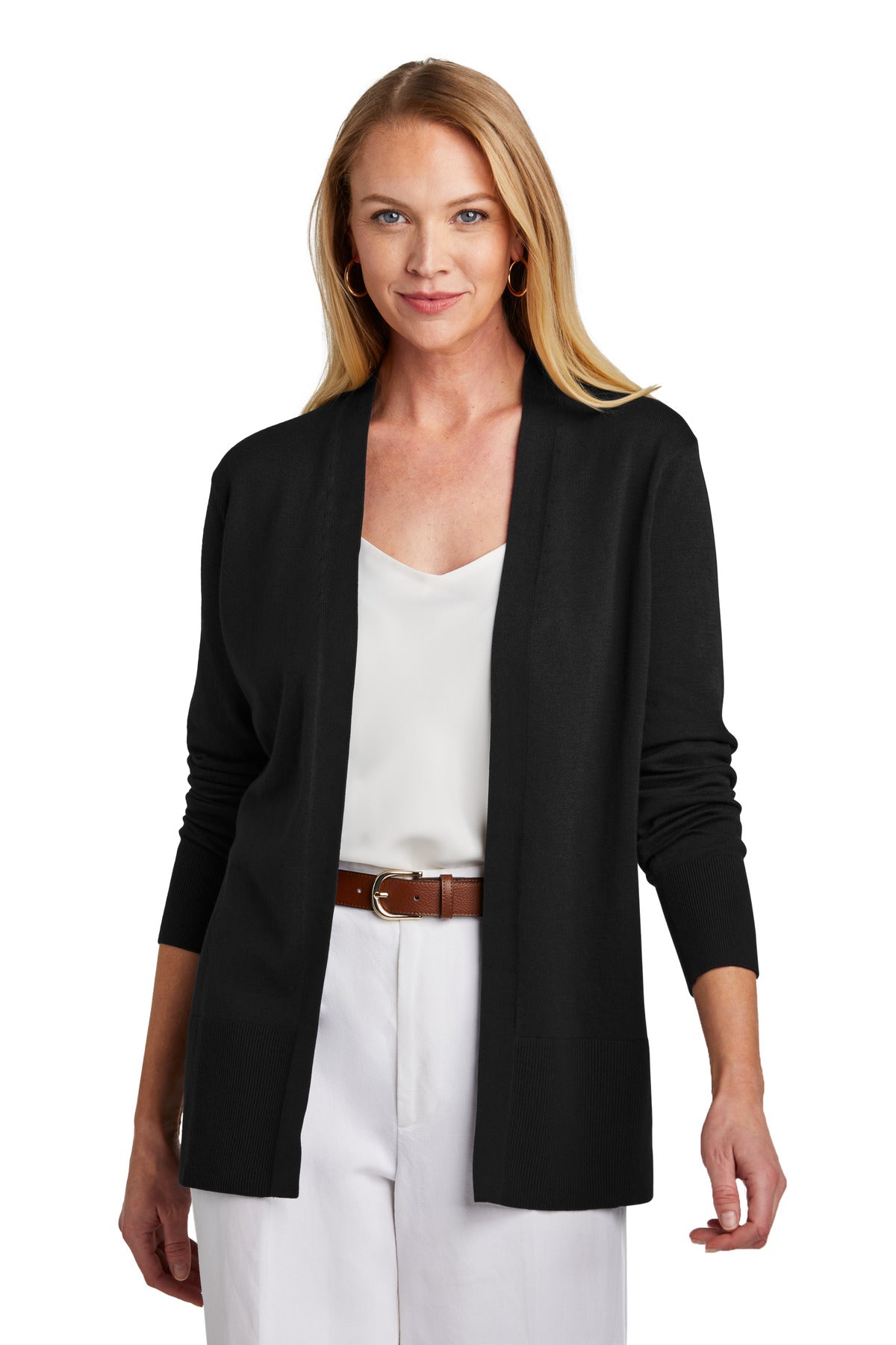 Black women's cotton stretch long cardigan sweater by Brooks Brothers, front view showing V-neck and button closure.