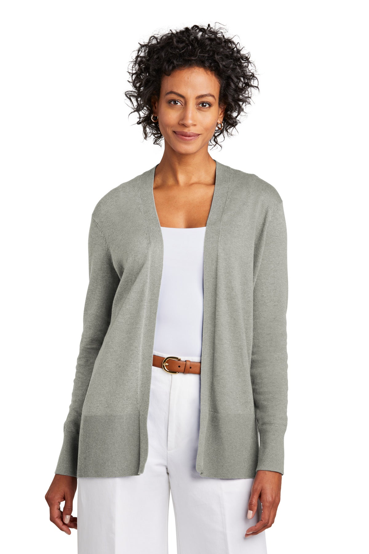 Brooks Brothers women's cotton stretch long cardigan sweater in light shadow grey heather, shown from the front.