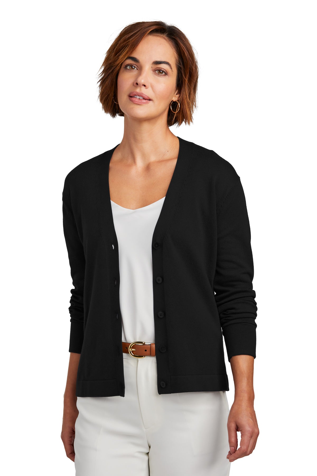 Brooks Brothers women's cotton stretch cardigan sweater in deep black, front view showing fit and soft knit fabric.