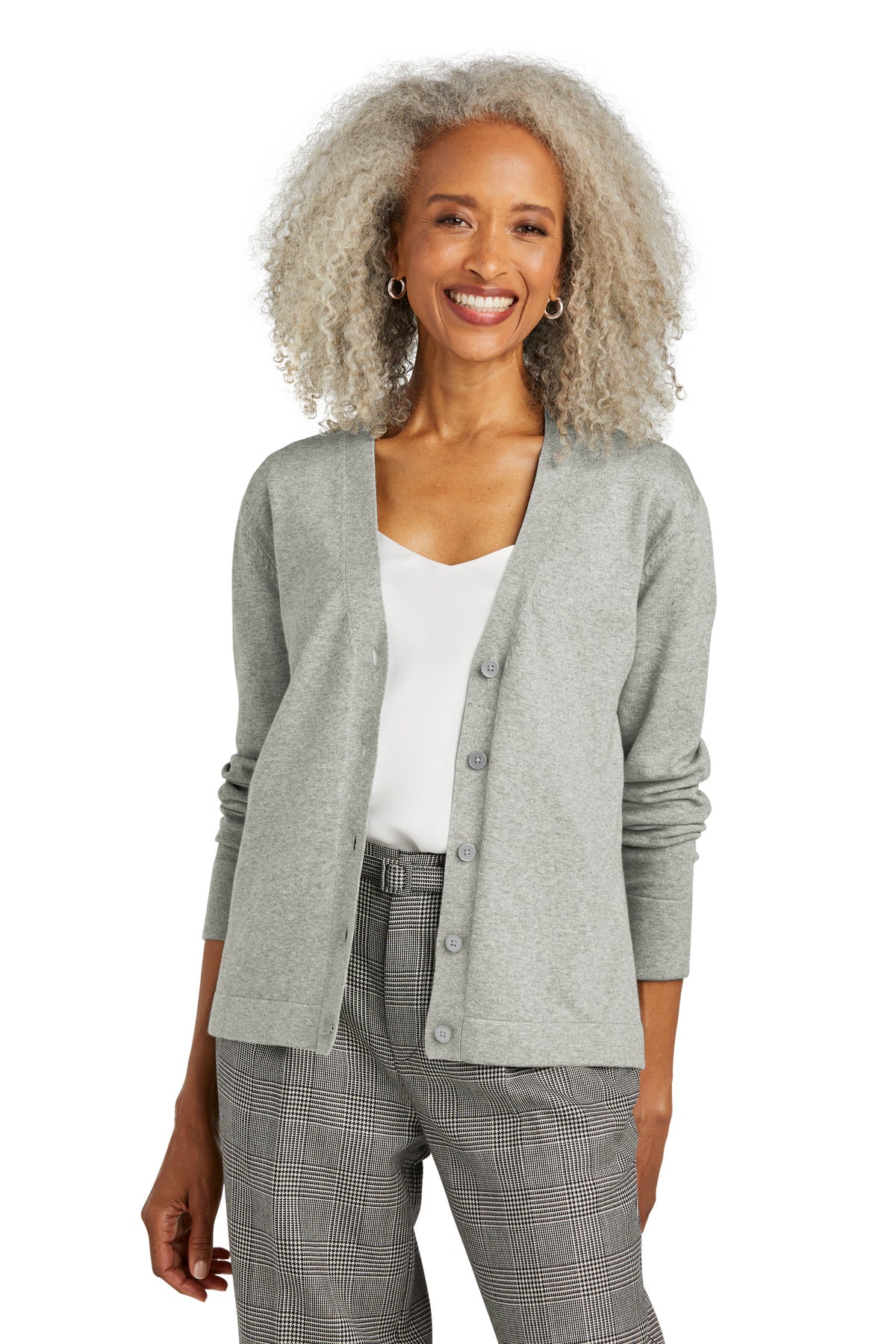 Brooks Brothers women's cotton stretch cardigan sweater in light shadow grey heather, front view showing fitted style and soft fabric.