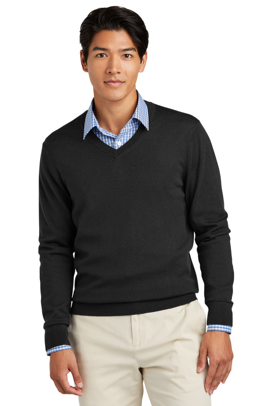 Brooks Brothers washable merino V-neck sweater in deep black, front view showing classic fit and soft knit fabric.