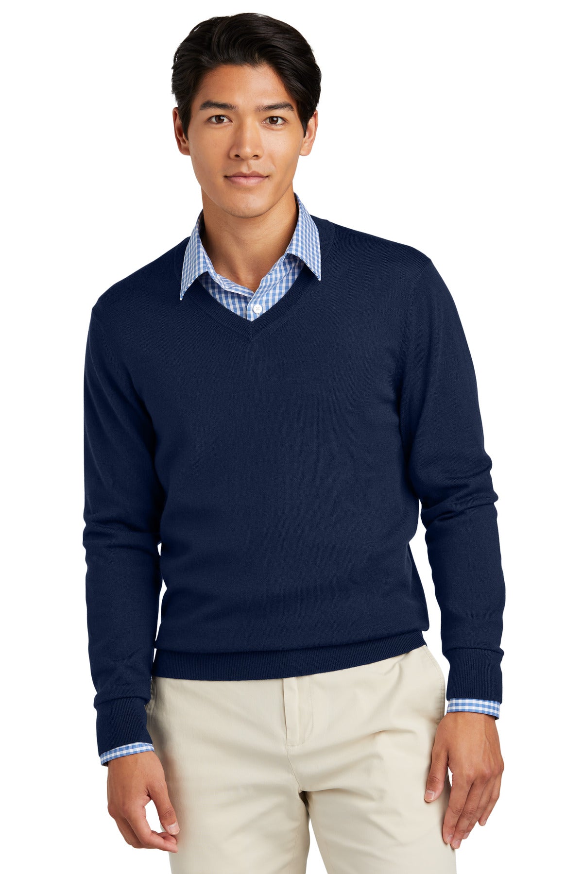 Brooks Brothers navy washable merino V-neck sweater, front view showing fit and classic design.