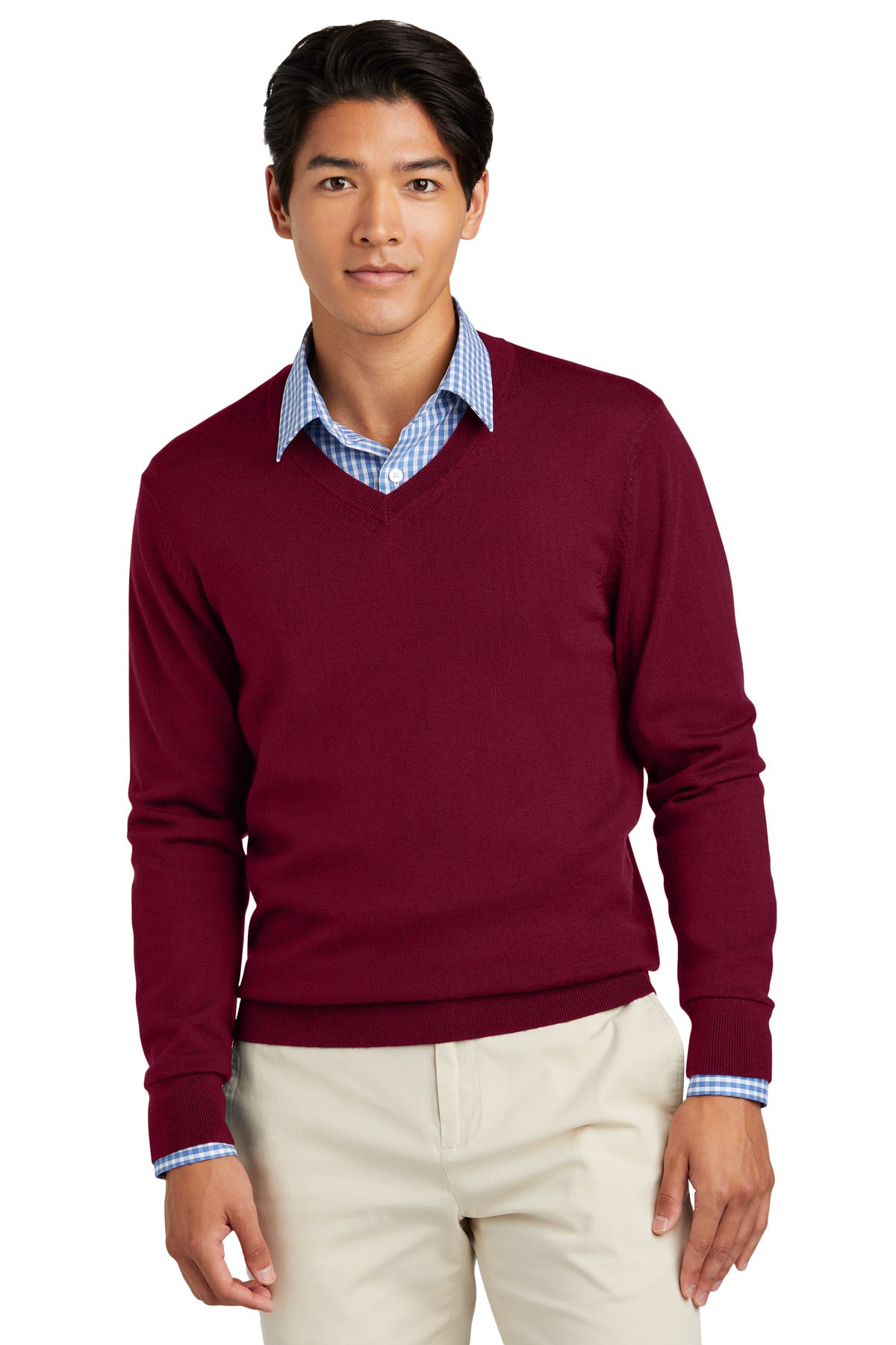 Brooks Brothers washable Merino V-neck sweater in navy, front view, showcasing its classic design and soft knit texture.