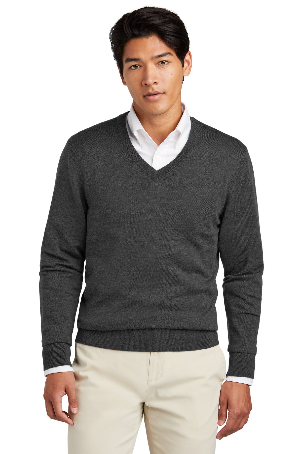 Brooks Brothers washable merino V-neck sweater in windsor grey heather, front view showing soft wool texture and classic fit.