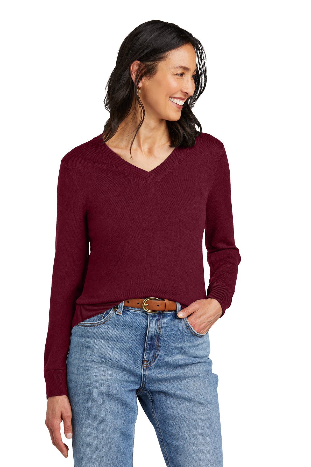 Brooks Brothers women's washable merino V-neck sweater, front view, showcasing soft knit fabric and classic design.
