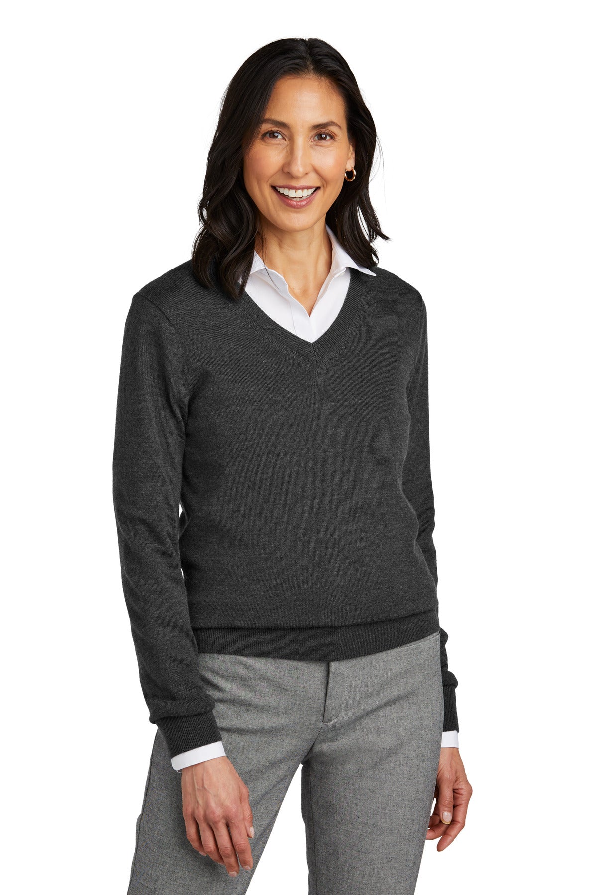 Brooks Brothers women's washable merino V-neck sweater in windsor grey heather, front view showing soft knit fabric and classic fit.