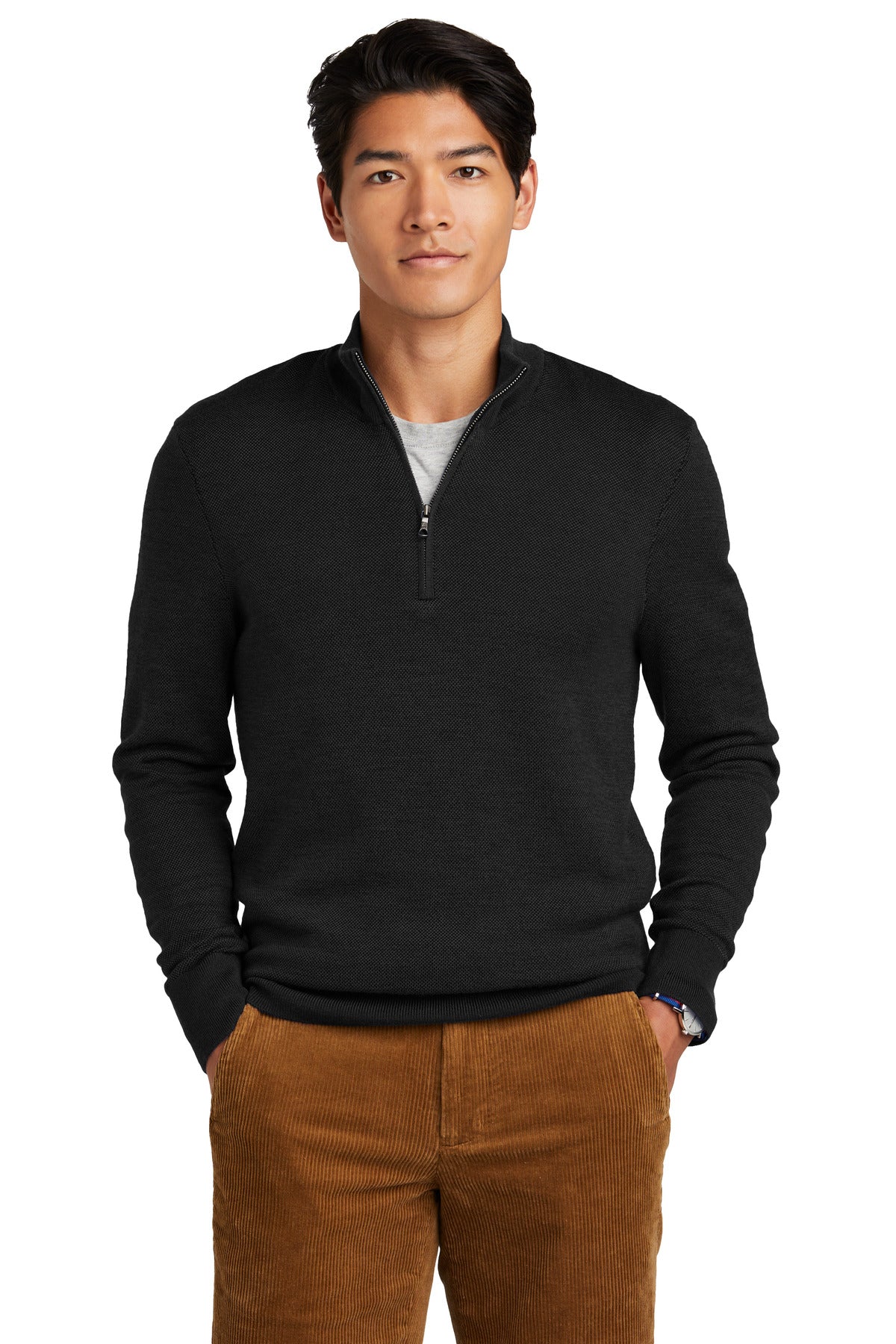 Brooks Brothers washable merino Birdseye 1/4-zip sweater in deep black, front view showing the textured pattern and collar.