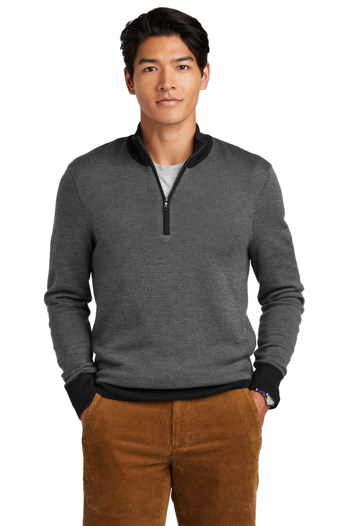Brooks Brothers washable merino birdseye 1/4-zip sweater in deep black and shadow grey, front view on model.