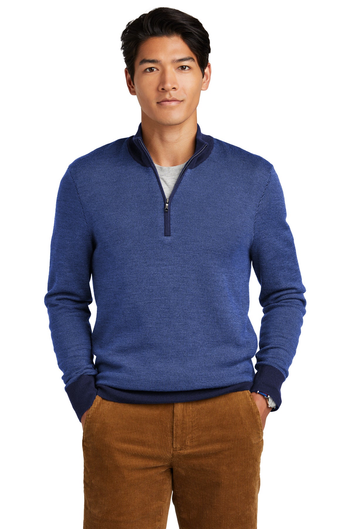 Brooks Brothers washable merino birdseye 1/4-zip sweater in navy, front view showing the textured pattern and collar details.