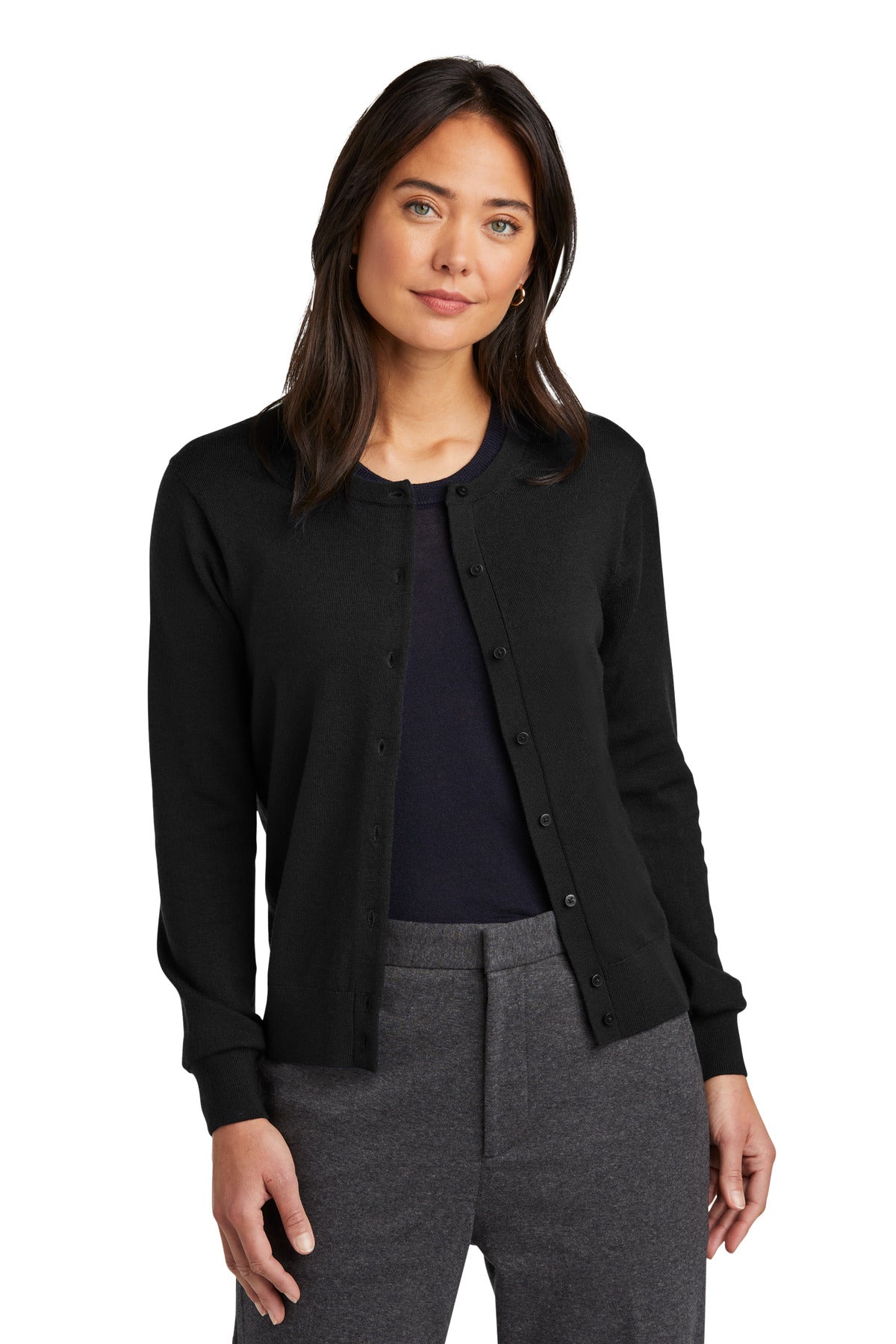 Brooks Brothers women's washable merino cardigan sweater in deep black, front view showing ribbed hem and button details.