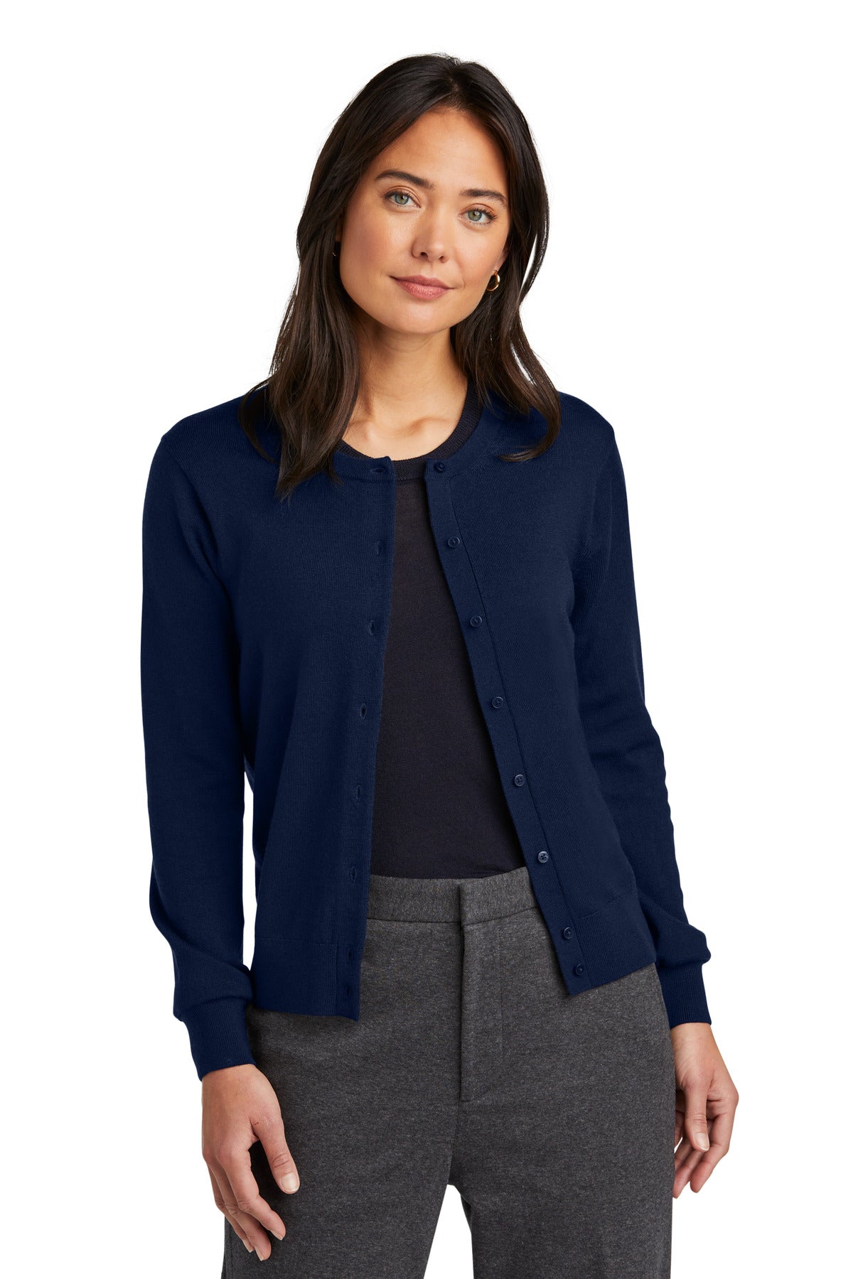 Brooks Brothers women's washable merino cardigan sweater in navy, front view showcasing button details and soft knit fabric.