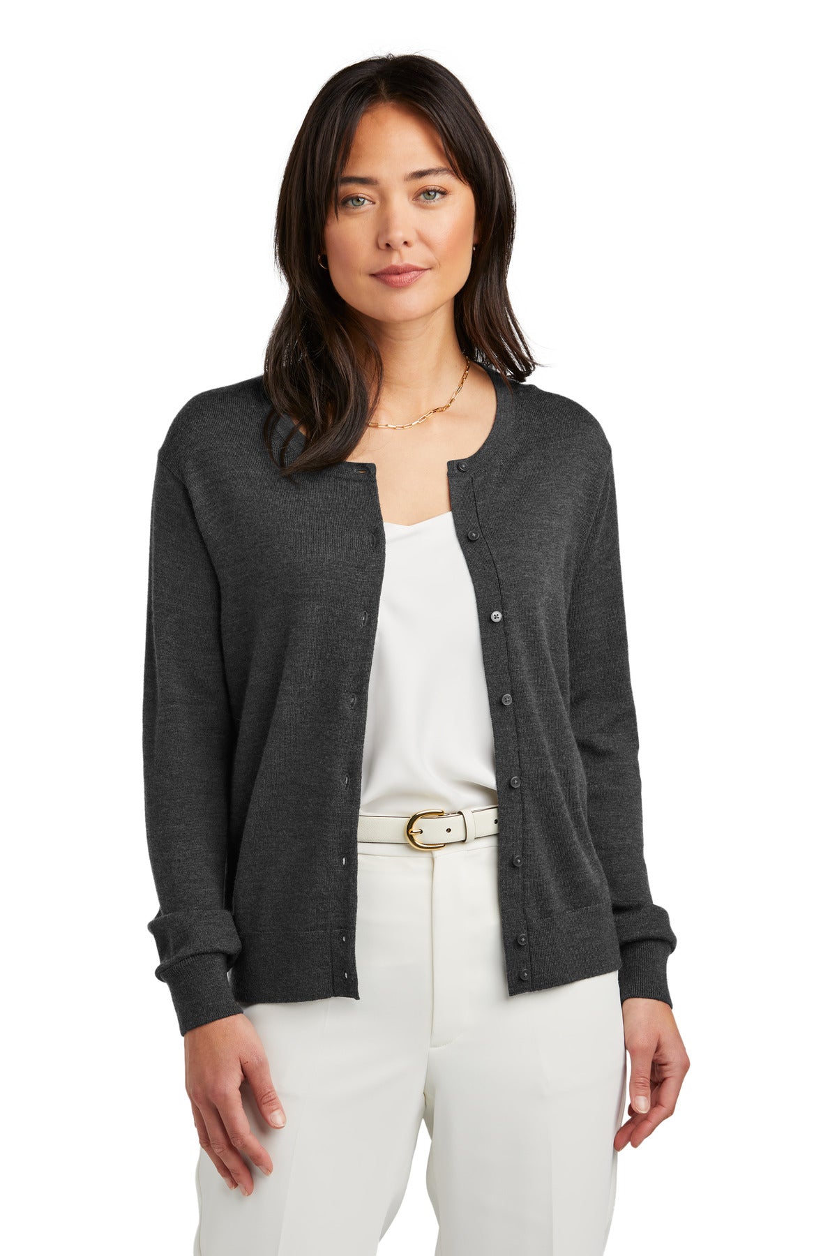 Brooks Brothers women's washable merino cardigan sweater in windsor grey heather, shown from the front.