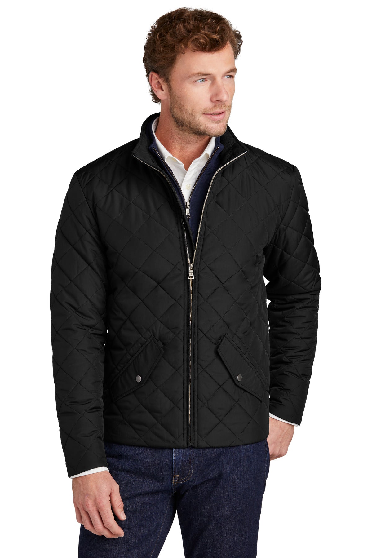 Brooks Brothers quilted jacket BB18600 in deep black, model wearing front view, showcasing warm, stylish outerwear.
