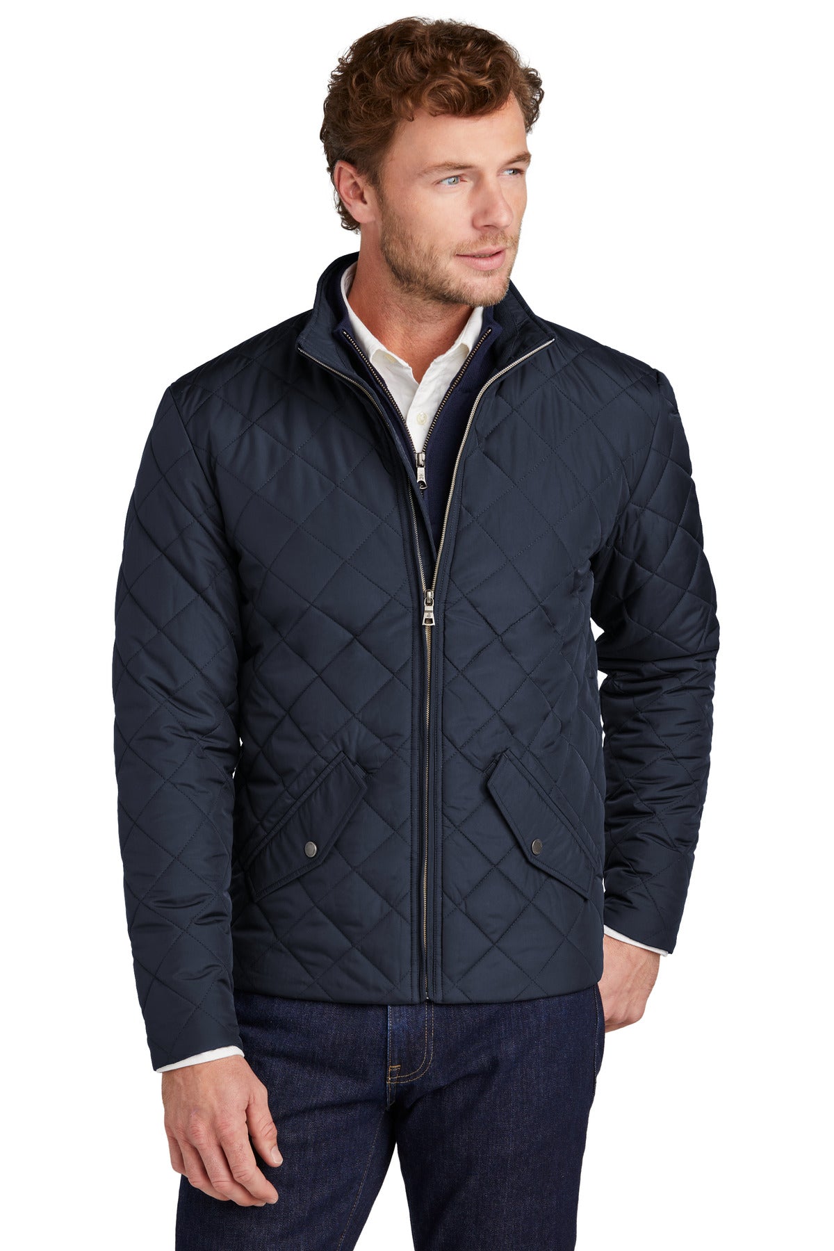 Brooks Brothers quilted jacket in navy, front view, featuring a classic design with a quilted pattern and full front zipper.