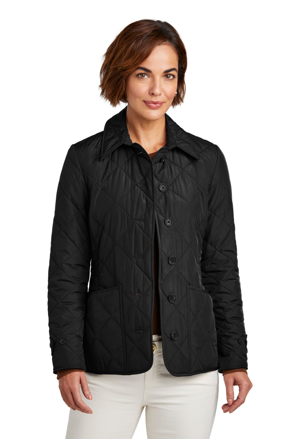 Brooks Brothers women's quilted jacket in deep black, front view showing sleek design and quilted texture.